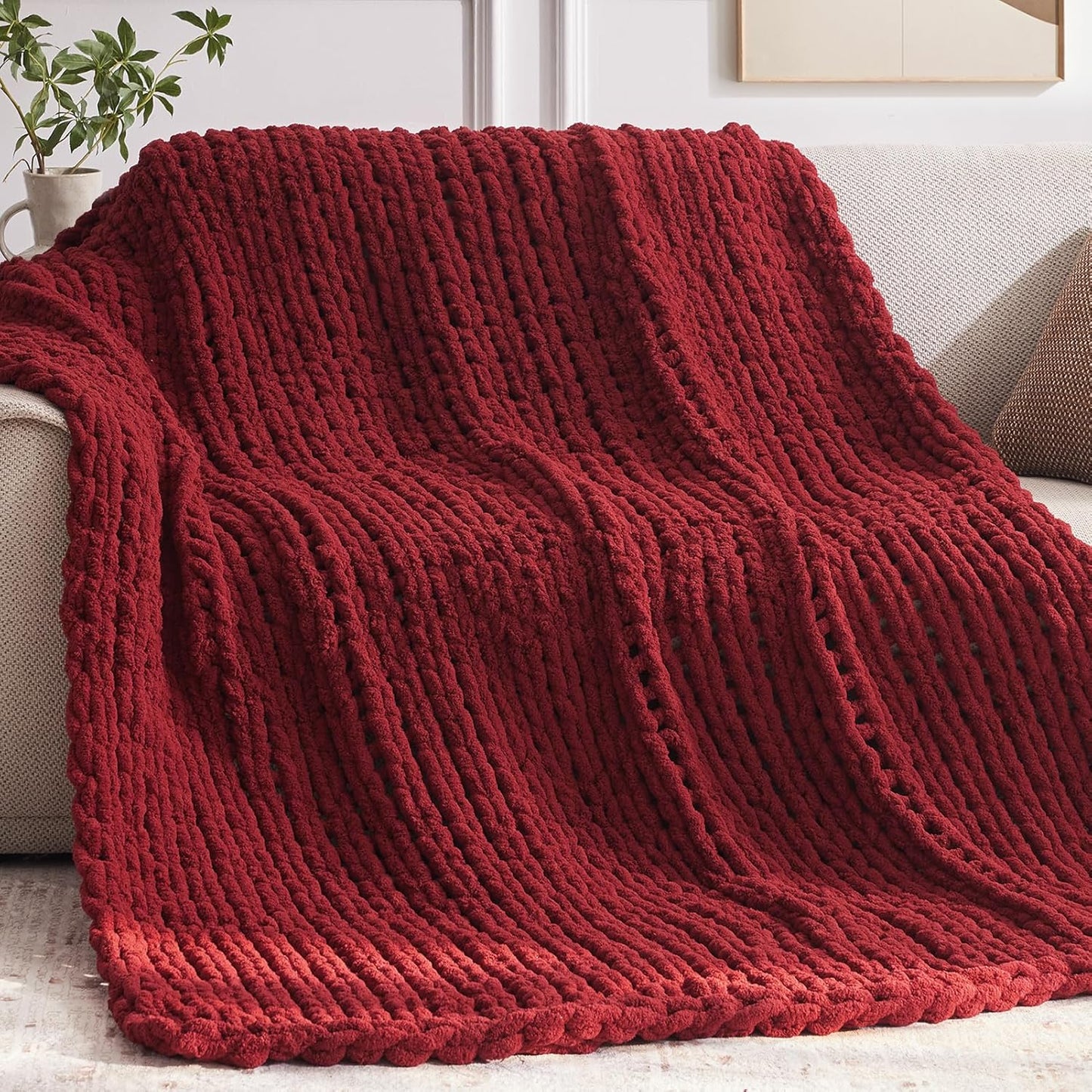 Chunky Knit Throw Blanket, 50''*60'' Knitted Throw Chenille Yarn for Bed Couch, Handmade Red Crochet Big Thick Blanket, Machine Washable Cute Comfy Blanket for Home Decor