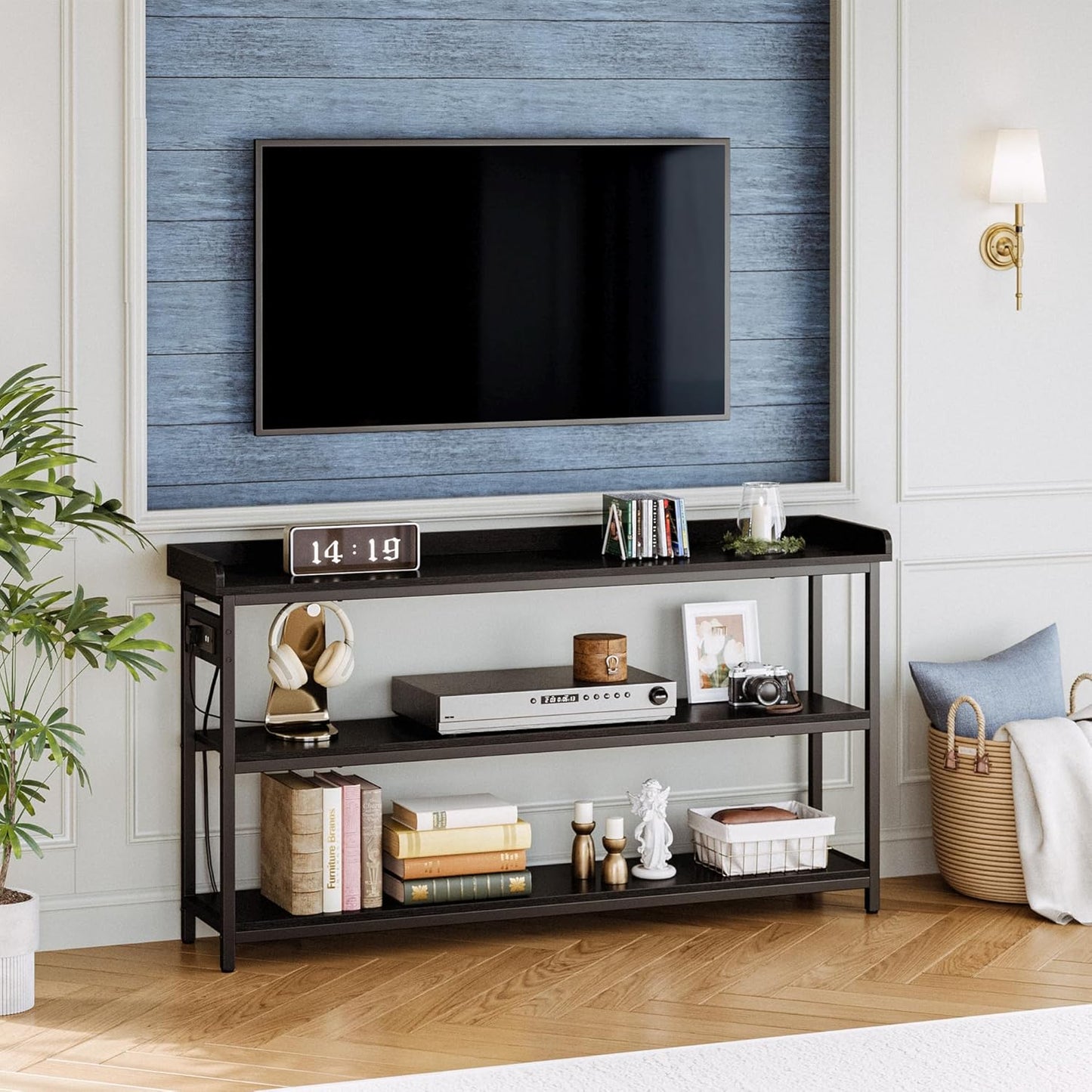 IRONCK Console Table, Sofa Table with Power Outlet, Farmhouse Hallway Table for Entryway, Living Room, Height Adjustable, Easy Assembly, Vintage Black,55"