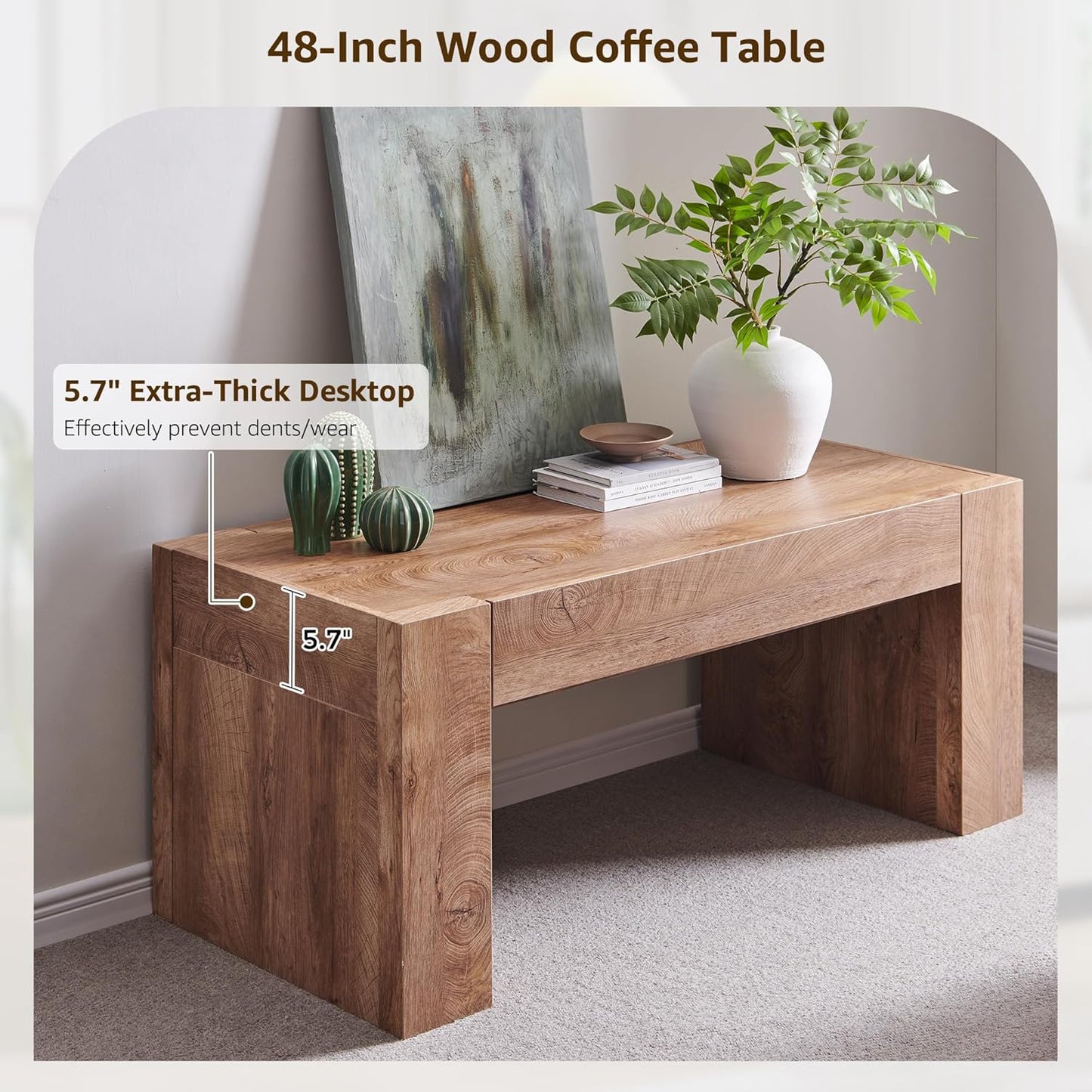 OKD 48" Modern Farmhouse Coffee Table, Wooden Living Room Table with Hidden Storage Drawer, Rustic Rectangular Center Tables w/Wood Thick Design for Living Room, Office, Light Knotty Wood
