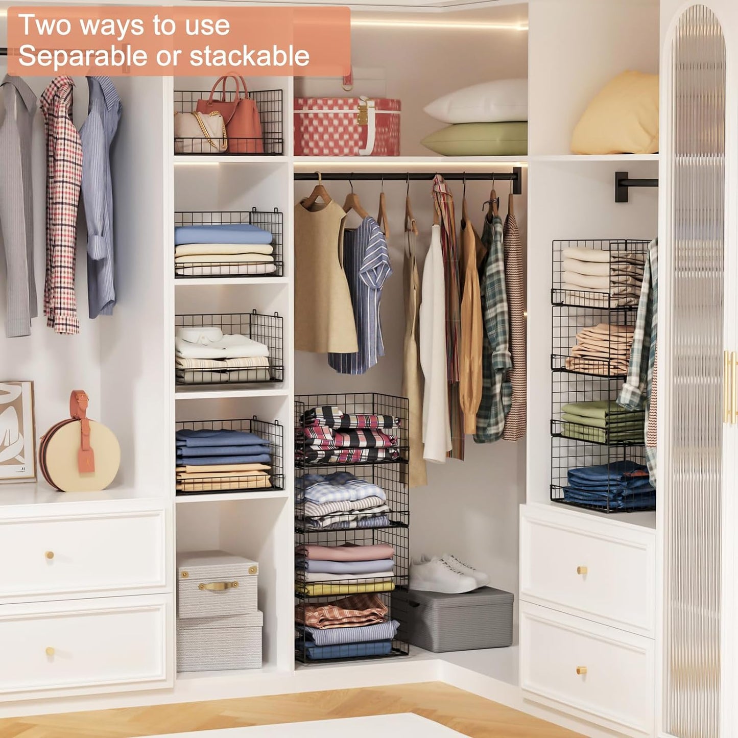 4-Tier Stackable Closet Organizers and Storage Shelves, Clothes Shelf Organizer Basket Bins, Foldable Sweater Storage for Closet Organizer System, Black (Patent Pending)