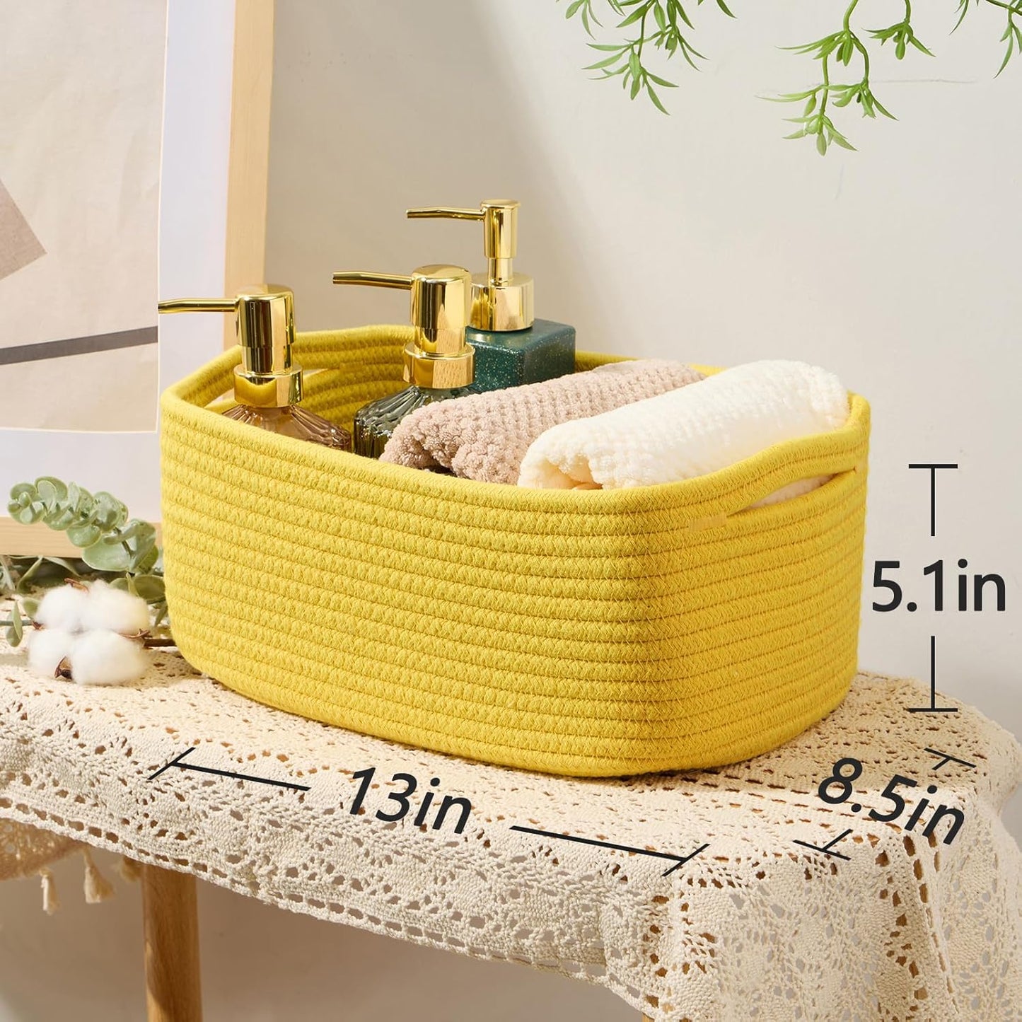 Small Storage Baskets for Organizing | Closet Organizer Bins | Shelf Toy Basket | Woven Rope Baskets | Cube Decorative Box | Shallow Basket | 13x8.5x5.1” | 3 Packs Yellow
