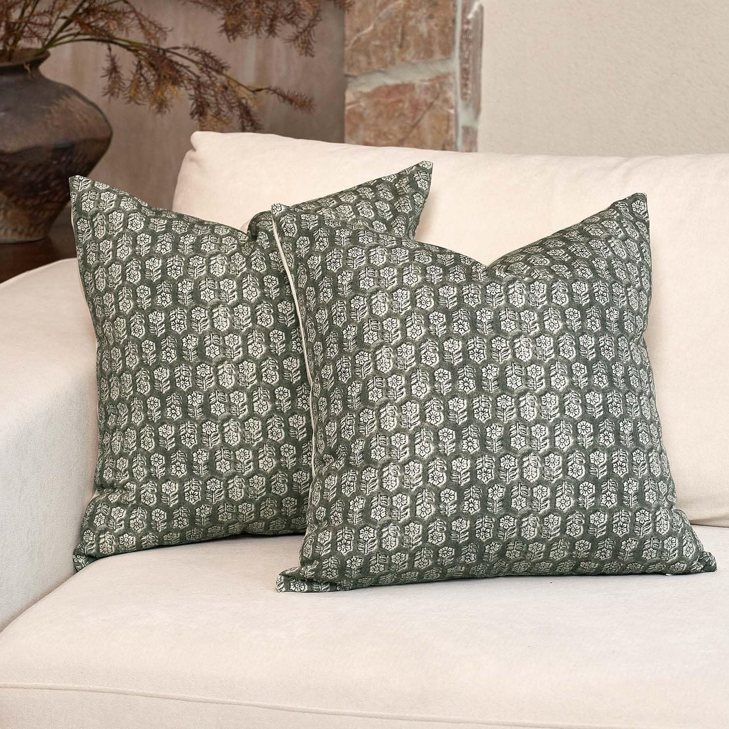 DOMVITUS Floral Pillow Covers Set of 2, Throw Pillow Covers 18x18, Floral Print Neutral Accent Decorative Pillow Covers for Living Room, Bed, Mineral Green