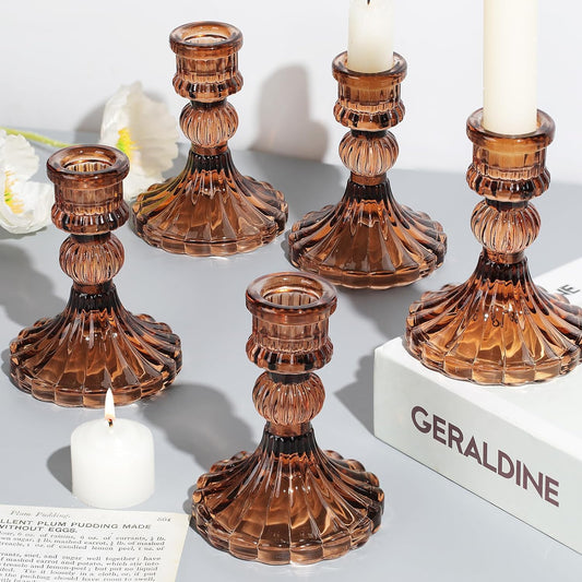 12PCS Amber Candlestick Holders Set- 4" H Taper Candle Holders, Glass Candle Holders Bulk for Wedding, Party, Fall Home Table Centerpieces, Festival Gifts & Windowsill Decor