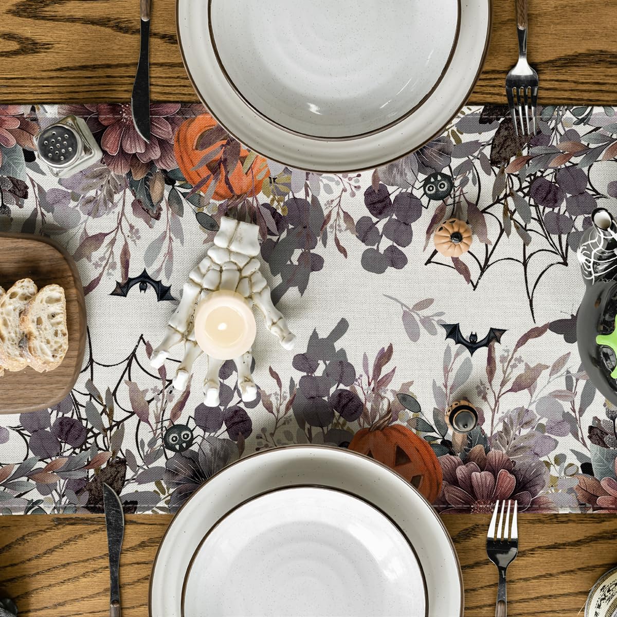 Artoid Mode Jack-O'-Lantern Pumpkin Floral Ghost Halloween Table Runner, Eucalyptus Kitchen Dining Table Decoration for Home Party Decor 13x60 Inch