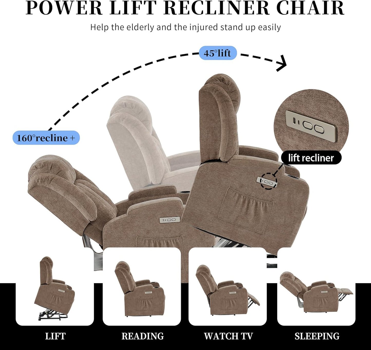 Power Lift Recliner Chair for Elderly with Massage and Heat, Reclining Sofa Chair with USB & Type-C Ports and Cup Holders, L1188(Brown)