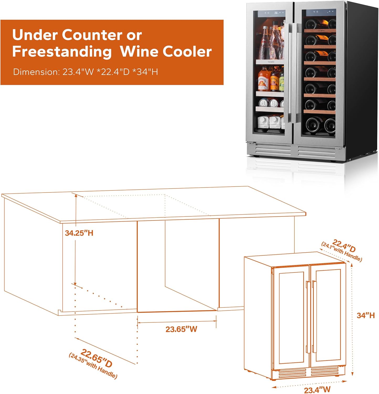 Ca'Lefort 24 Inch Wine and Beverage Refrigerator, 60 Can and 20 Bottle Wine Fridge 36-72°F, 3 LED Dual Zone Wine Cooler with Glass Door, Built-in Compressor Refrigerator for Home/Kitchen (4.10 cu.ft)