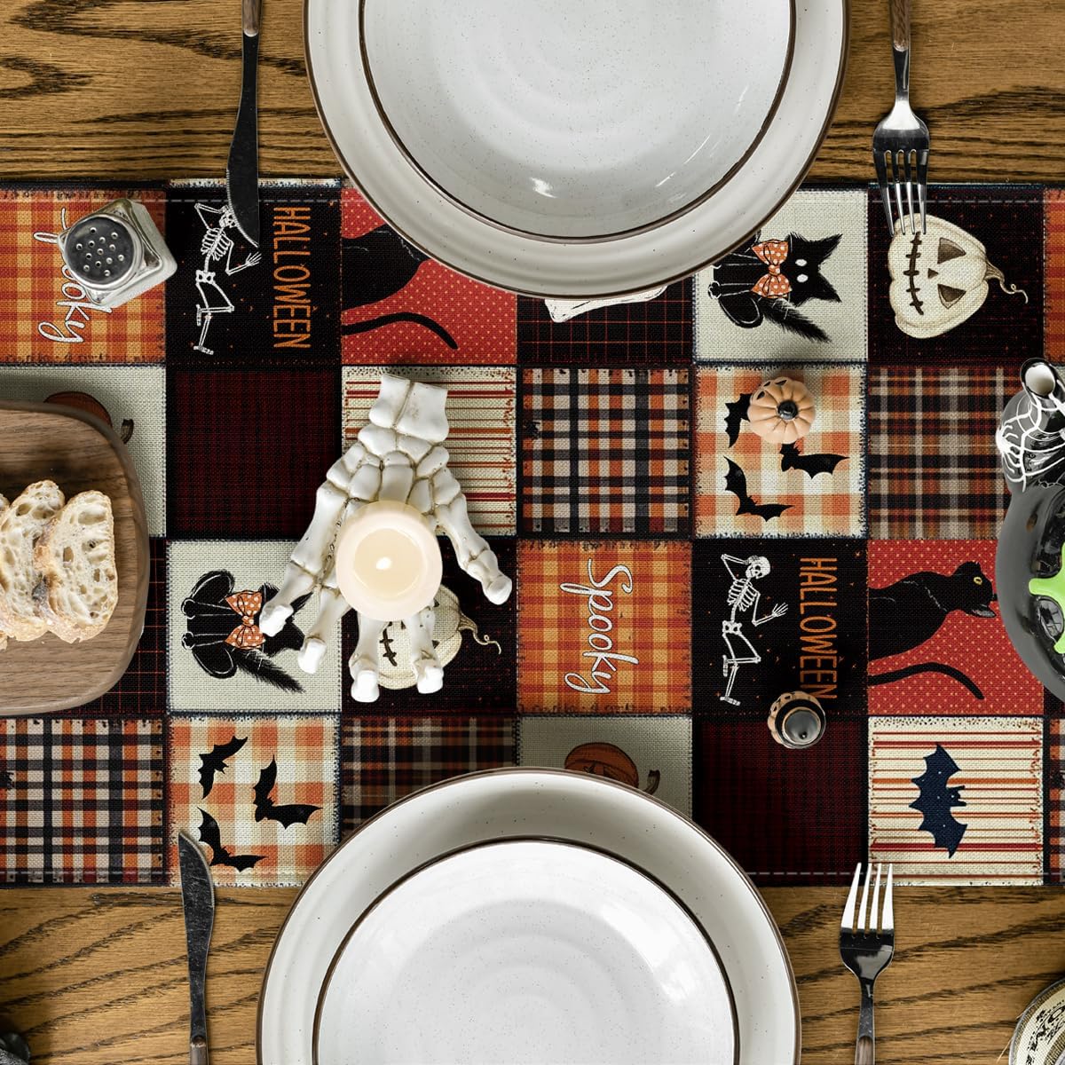 Artoid Mode Black Cat Bat Pumpkin Spooky 210 GSM Halloween Table Runner, Ghost Kitchen Dining Table Decoration for Home Party Decor 13x48 Inch