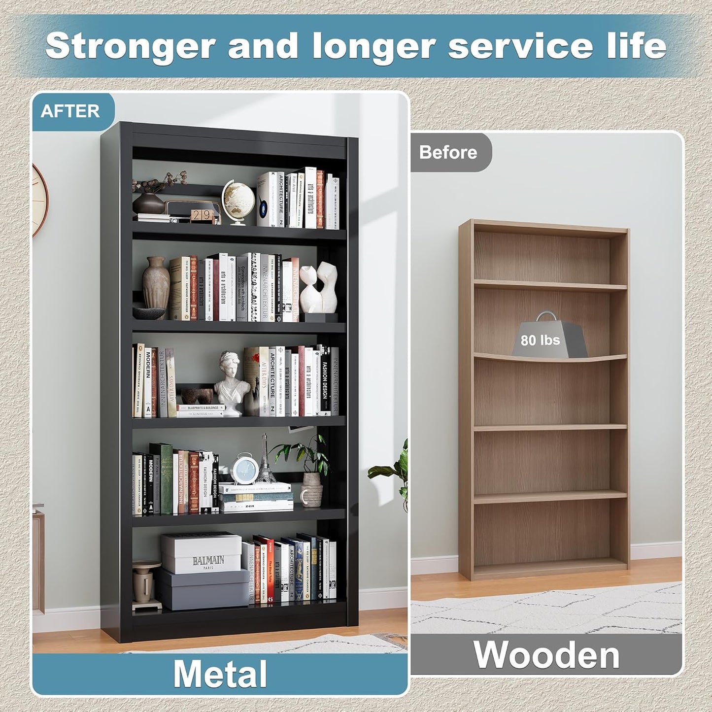 Bookcase, 5-Shelf Industrial Bookshelf, Large Storage Space, Adjustable Bookshelves, Perfect for Living Room, Home Office, Garage, Ideal for Home Office Upgrade