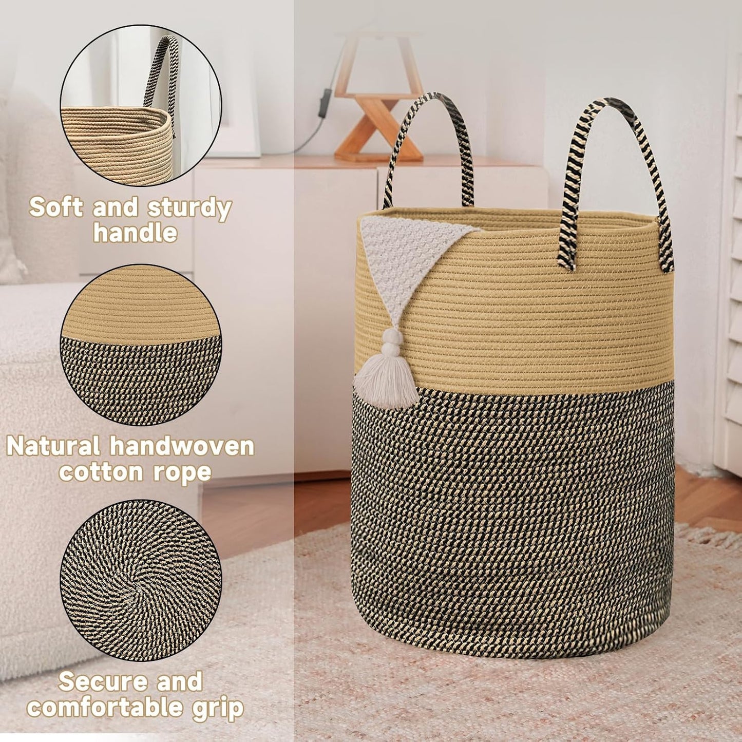Large Woven Laundry Basket Hamper,80L Cotton Rope Storage Bin for Blankets,Toys and Clothes,Decorative Tall Nursery Hamper for Living Room,Baby Nursery,Bathroom and Bedroom,Brown and Black