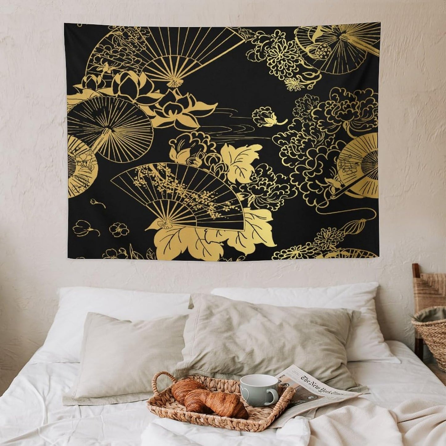 HZOHNAGO Japanese Tapestry Gold Flowers Umbrella Fan Pattern Printed Wall Tapestry Painting Wall Hanging for Bedroom Living Room Dorm 40" W x 30" H