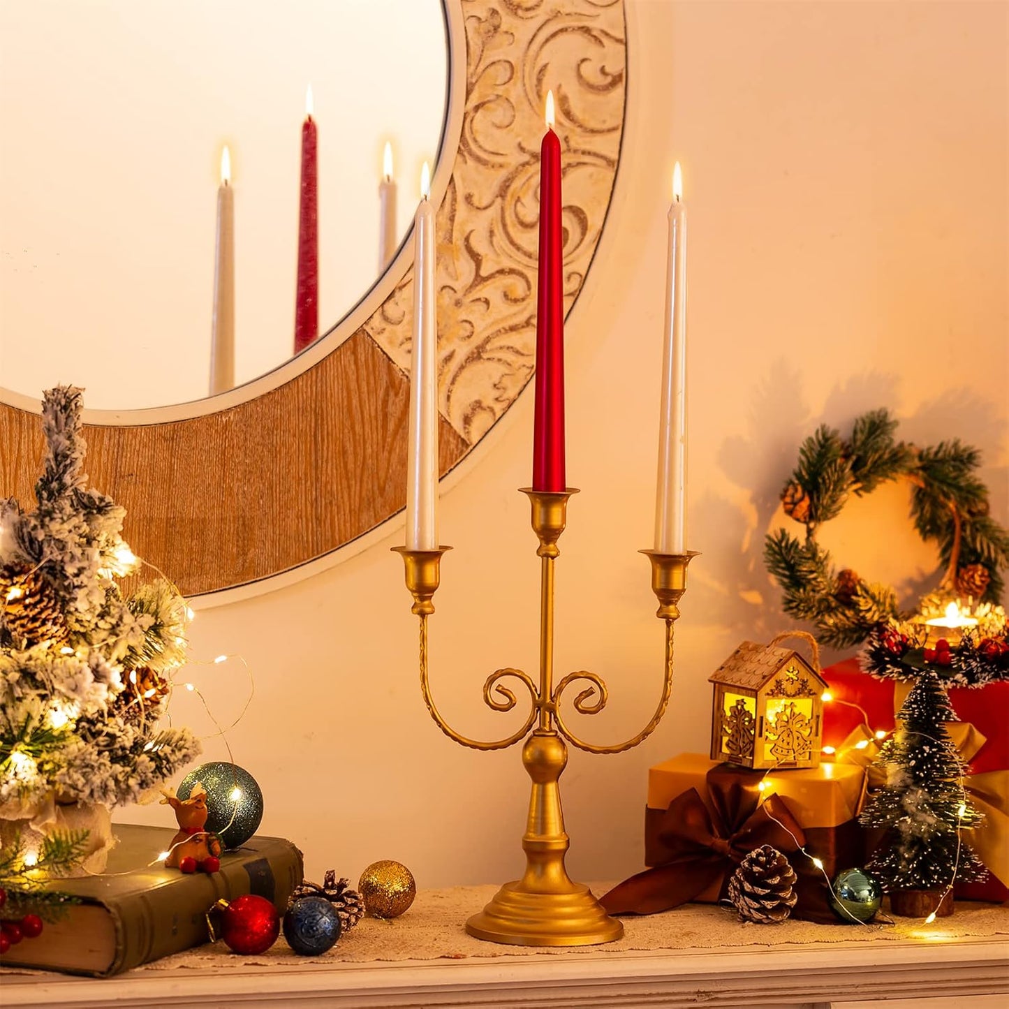 Sziqiqi Gold Taper Candle Holder for Centerpiece - 3-arm Candlesticks Holder for Wedding Table Centerpieces Metal Candle Stick Holders for Fireplace Mantle Set of 6