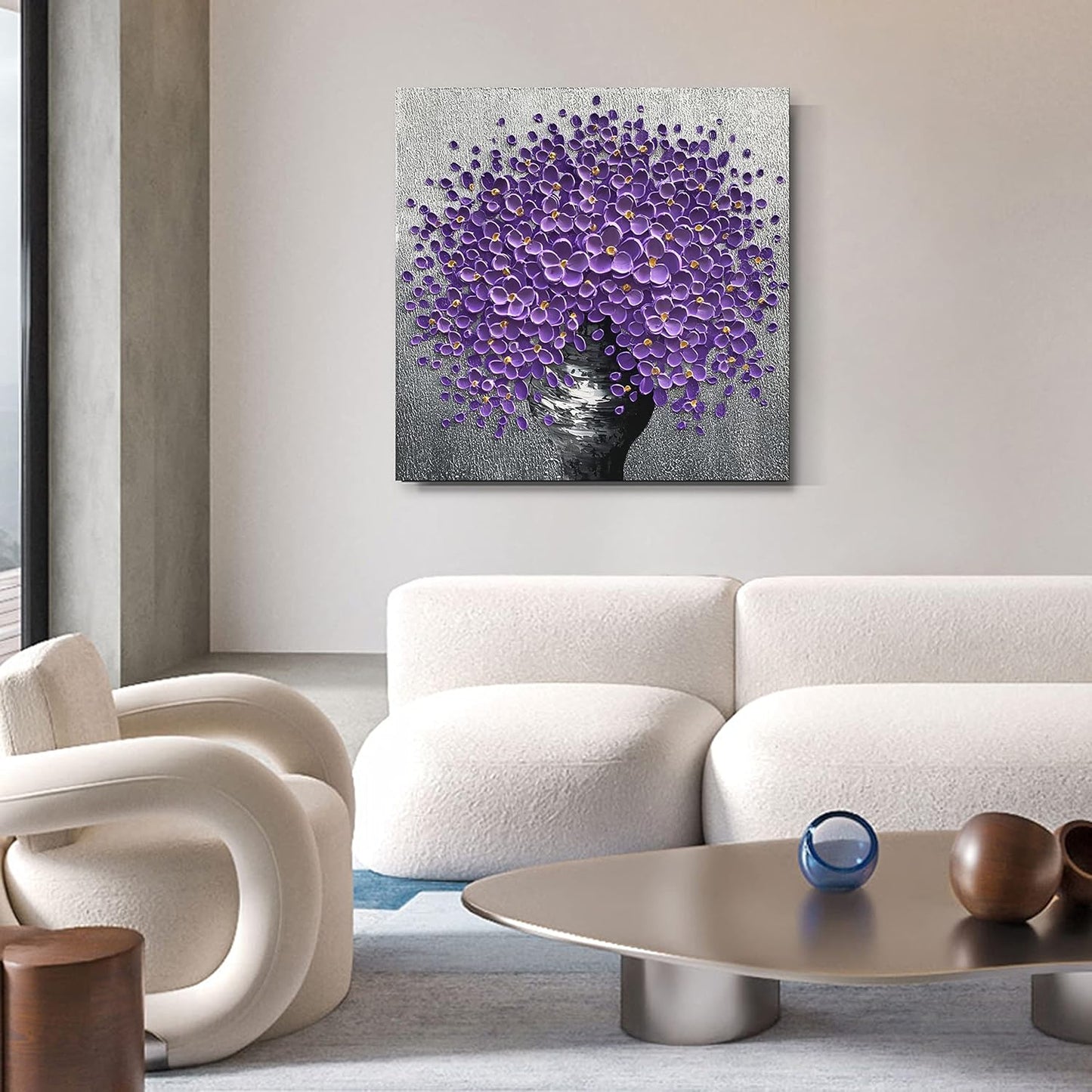 24x24 Hand-Painted Purple Flowers 3D Abstract Decorative Paintings, Wall Decorative Frame Wall Art, Modern Art Living Room Bedroom Office Hotel and Restaurant Wall Art