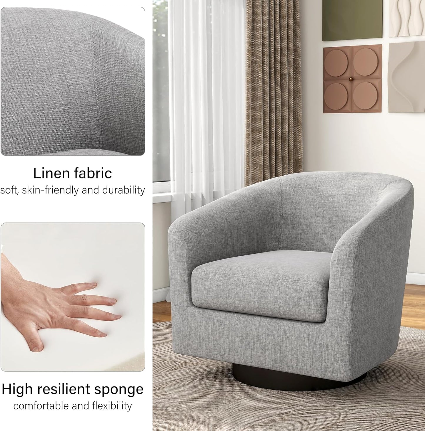 Swivel Barrel Accent Chair, Modern Round Linen Arm Chair for Living Room, Bedroom, Comfy Club Reading Chairs for Adults（Linen Fabric, Light Grey, Set of 1