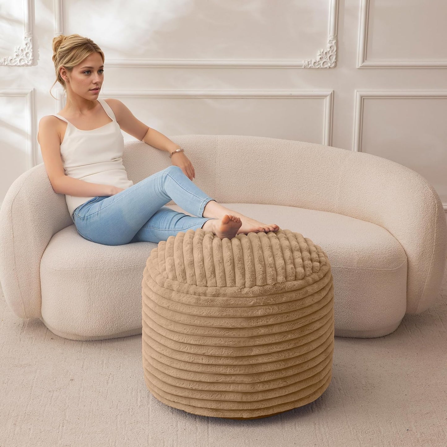 HIGOGOGO Round Stuffed Pouf Ottoman, Corduroy Poufs with High-Density Foam Filling, Furry and Fluffy Pouf Foot Stool Storage Ottoman, 20 X 15 Floor Poufs Foot Rest for Living Room, Brown