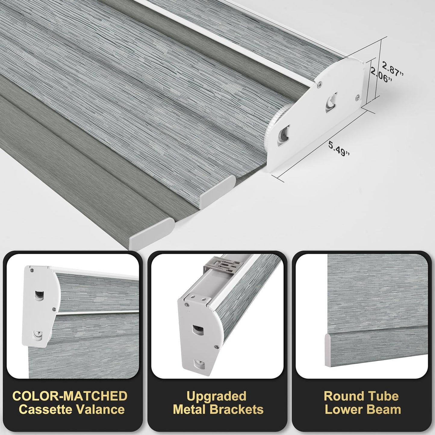 BERISSA Cordless Dual Roller Shades with Cassette Valance, Double Shades - Blackout and Light Filtering, Day and Night for Home Office Door. Striped Jacquard Grey. 33 W x 44" H