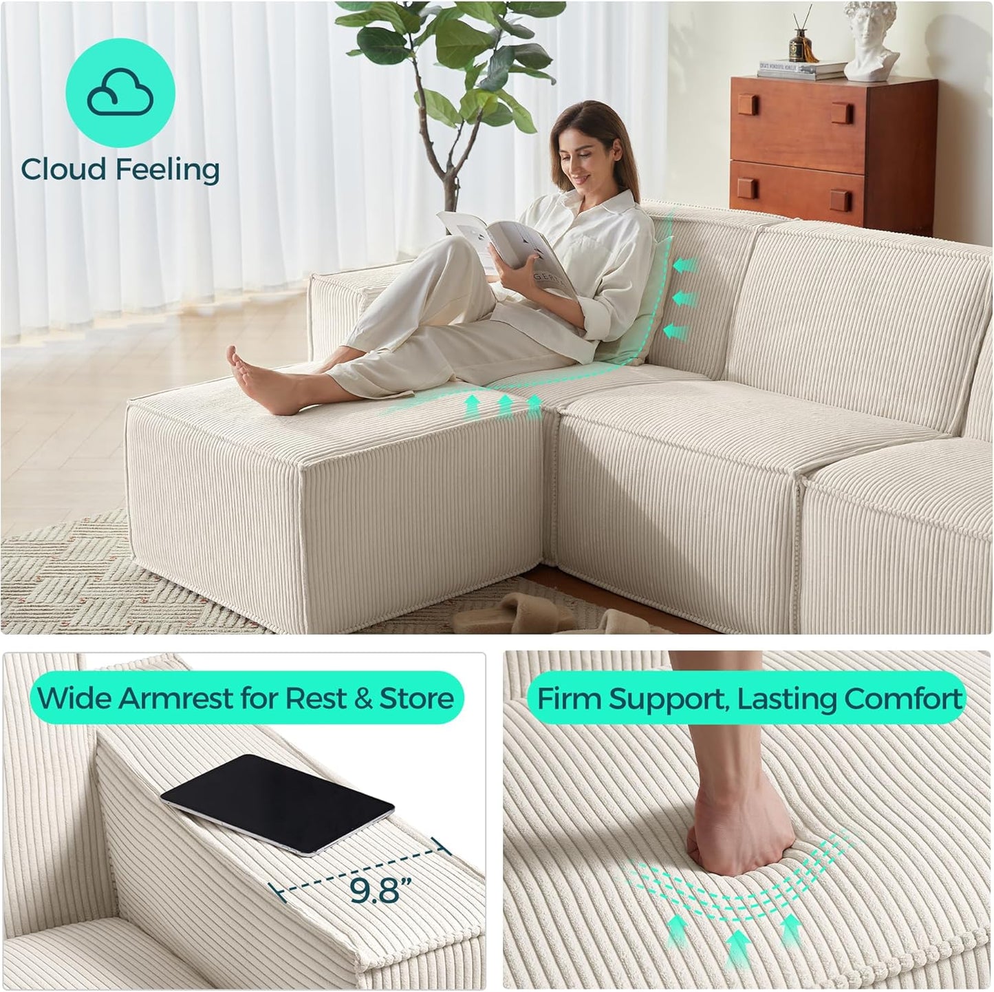 LINSY HOME Modular Sectional Sofa, 105" Boneless Couch L Shaped 3-Seat Sofa with Movable Ottoman, Corduroy Sectional Cloud Couches for Living Room, No Assembly Required, Beige
