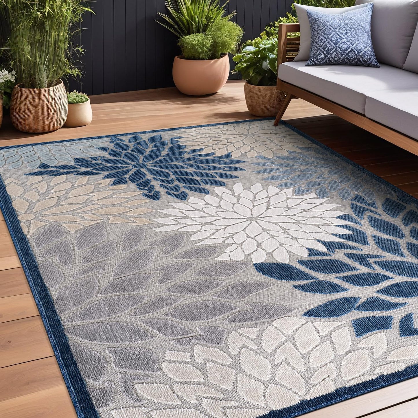 Beverly Rug Outdoor Rug 9x12 Large Modern Floral Tropical Area Rugs for Indoor and Outdoor Patio Easy to Clean Non Shedding Living Room Porch Garden Washable Outside Carpet (9 x 12 Blue)