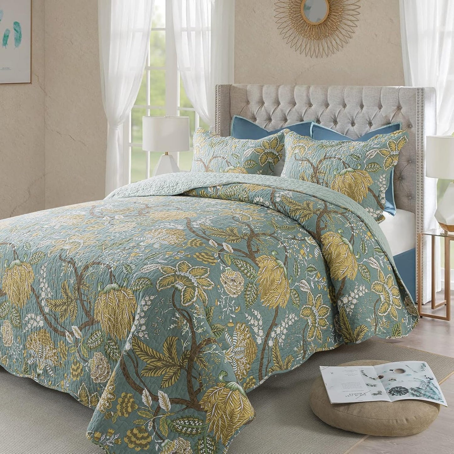 NEWLAKE Cotton Bedspread Quilt Sets-Reversible Patchwork Coverlet Set, Green Floral Pattern, Queen Size