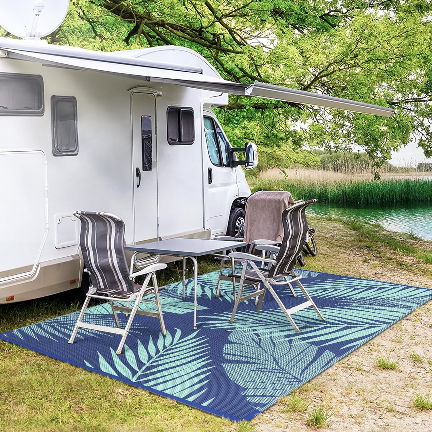 GENIMO Outdoor Rug 5' x 8' Waterproof for Patios Clearance, Reversible Outdoor Plastic Straw Camping Rug Carpet, Large Area Rugs Mats for RV, Camper, Deck, Balcony, Porch, Beach, Royal Blue&Blue Green