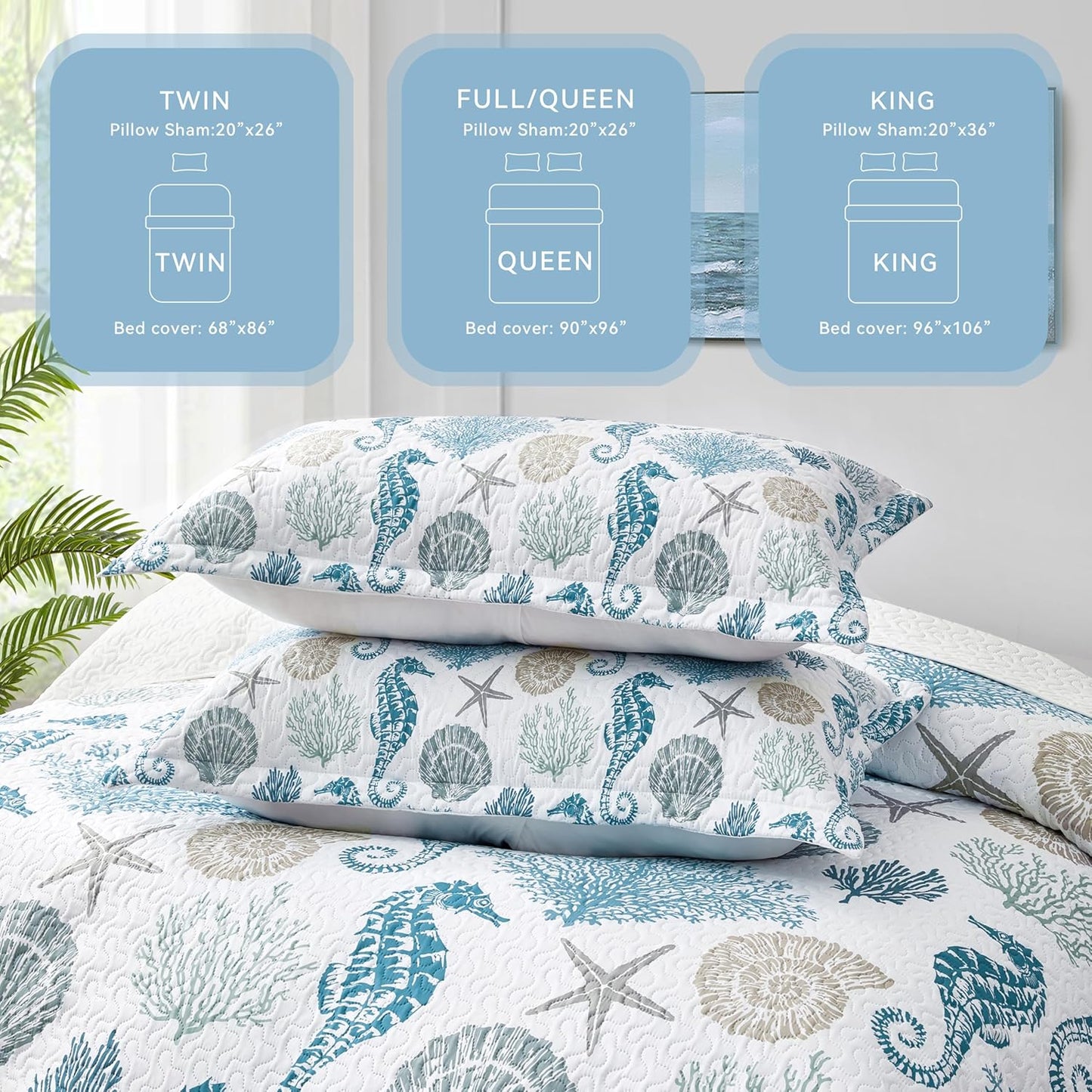 Coastal Bedding Queen Size Coastal Quilt with 2 Shams, Nautical Beach Comforter Sets Ocean Bedspreads Blue Seahorse Coverlet Summer Bedding, 90''x96''