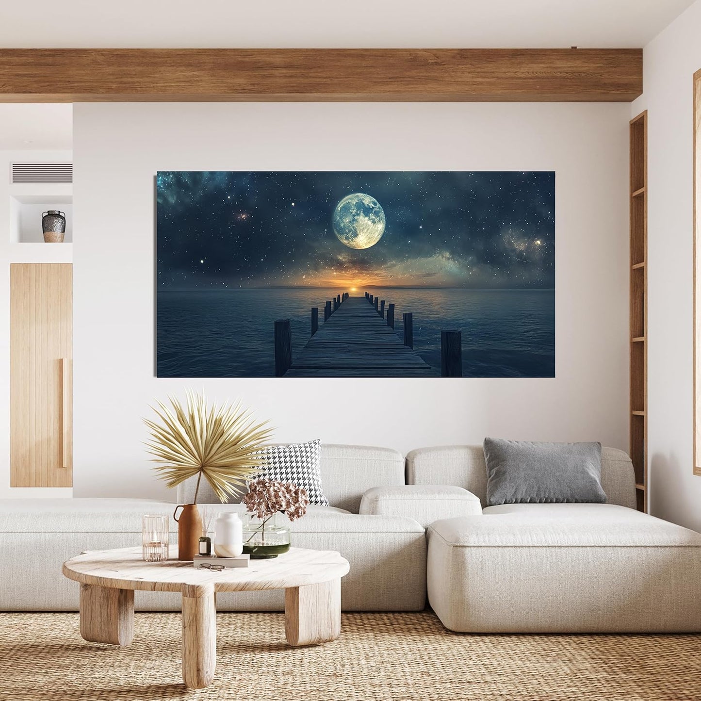Canvas Wall Art Decor Large Wall Art Pictures for Living Room Canvas Art Wall Decor Landscape Coastal Wall Art Blue Artwork for Walls Prints Star Moon Art Work for Home Office Wall Decor 29"x58"