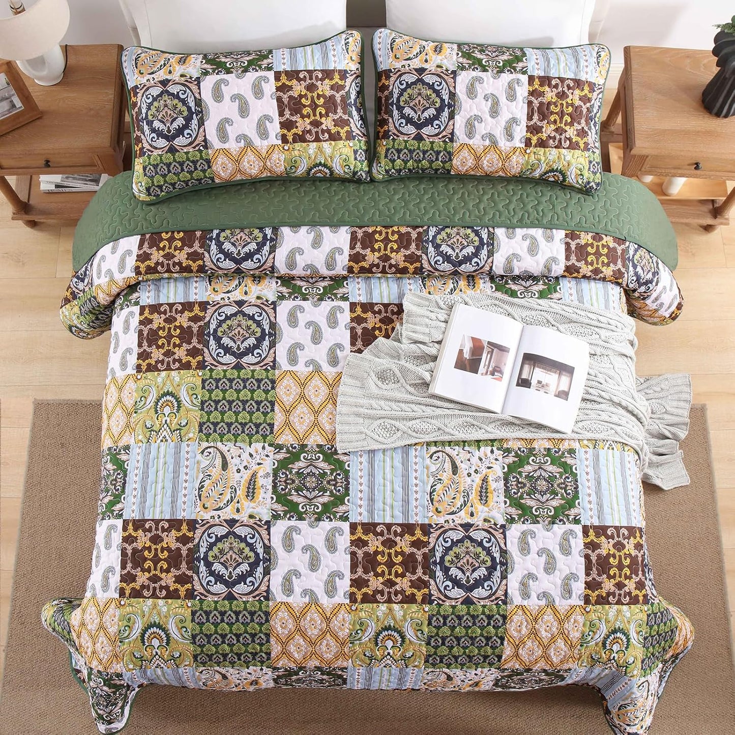 WONGS BEDDING Boho Quilt Set Queen Size, Plaid Patchwork Bedspread Bedding Set Soft Microfiber Quilt for Queen Bed Reversible 3 Pieces Coverlet Set for All Season (Brown Olive 96"x90")