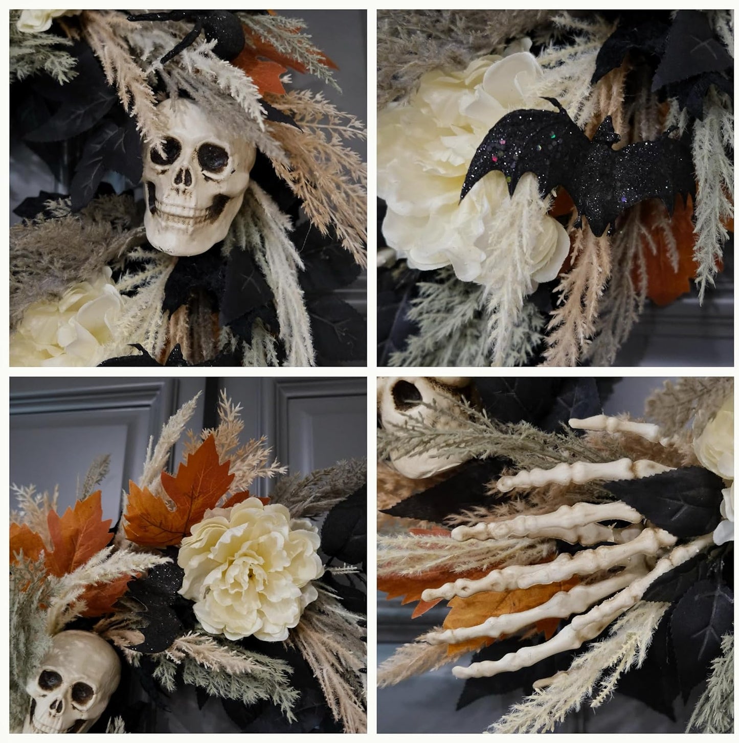 24" Halloween Wreath for Front Door with Artificial Skulls, Wheat, Maple Leaves and White Peonies - Fall Halloween Holiday Decoration for Home Door Wall Indoor/Outdoor