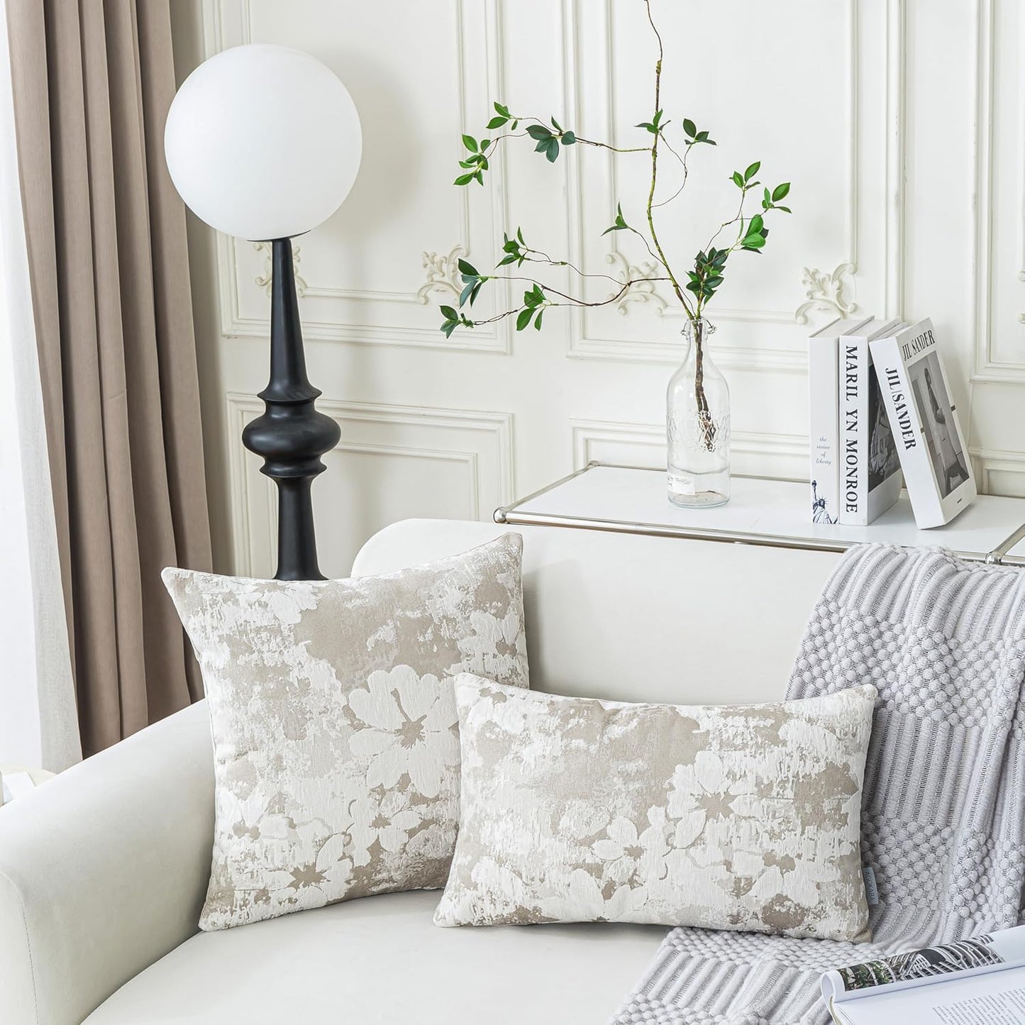 Jacquard Throw Pillow Covers 18x18 Inch Set of 2 - Vintage Floral Boho Pillow Cases with Botanical Pattern | Farmhouse Decor for Couch | Soft Textured Neutral Trio Light Khaki Warm Beige 18" x 18"