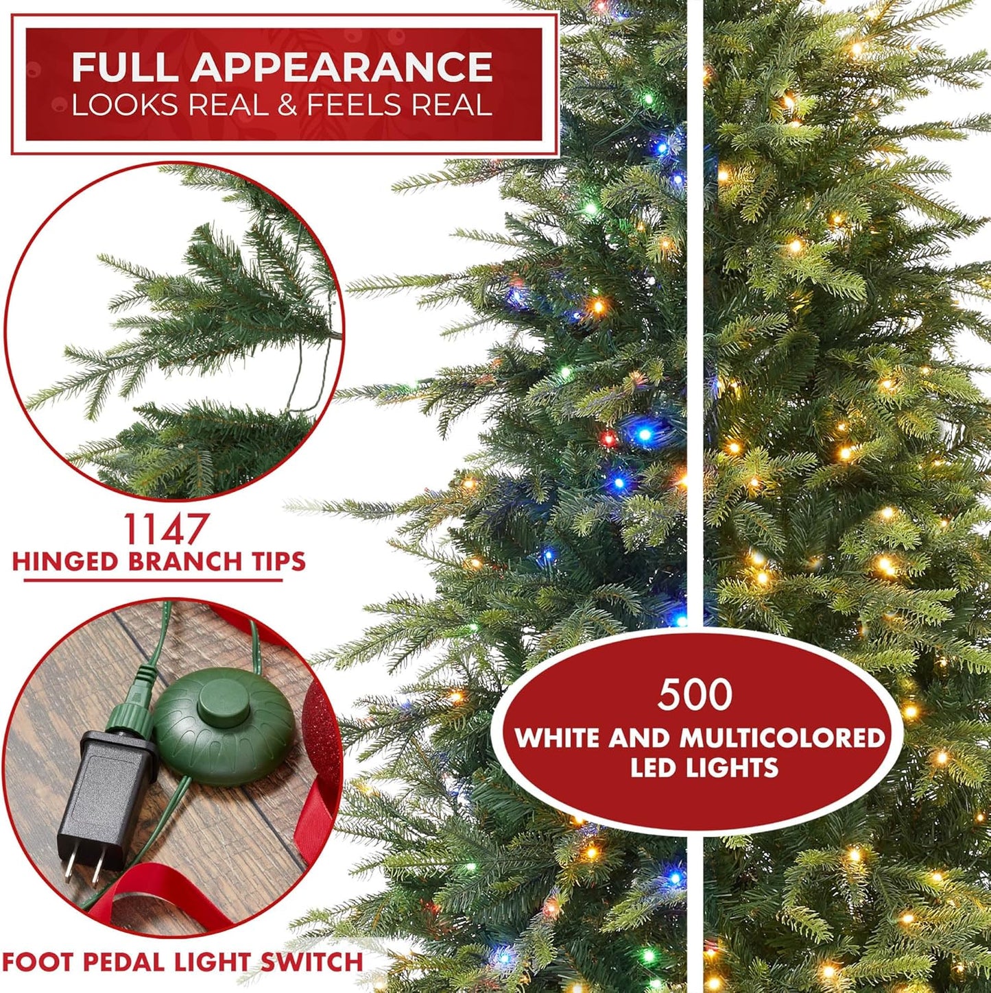 Casafield 7.5FT Pre-Lit Slim Green Aspen Fir Artificial Holiday Christmas Tree with White & Multicolored LED Lights, Realistic Noble Fir with Metal Stand