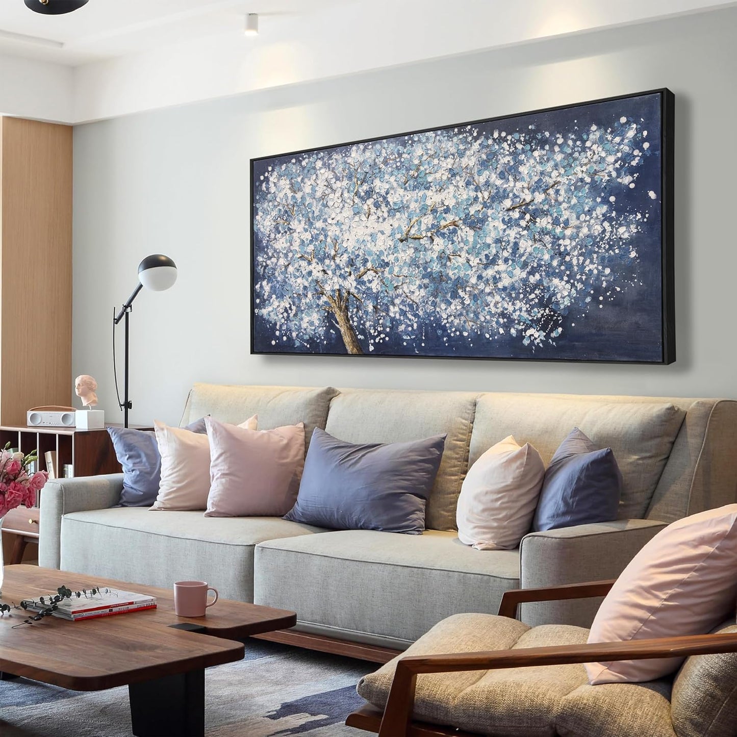 Canvas Wall Art Wall Decor Bedroom Pictures Wall Decoration Dark Blue And White Abstract Tree Plants Artwork Abstract Wall Art Large Size Modern Painting Framed Pictures For Living Room Home Kitchen Office 29"X58"