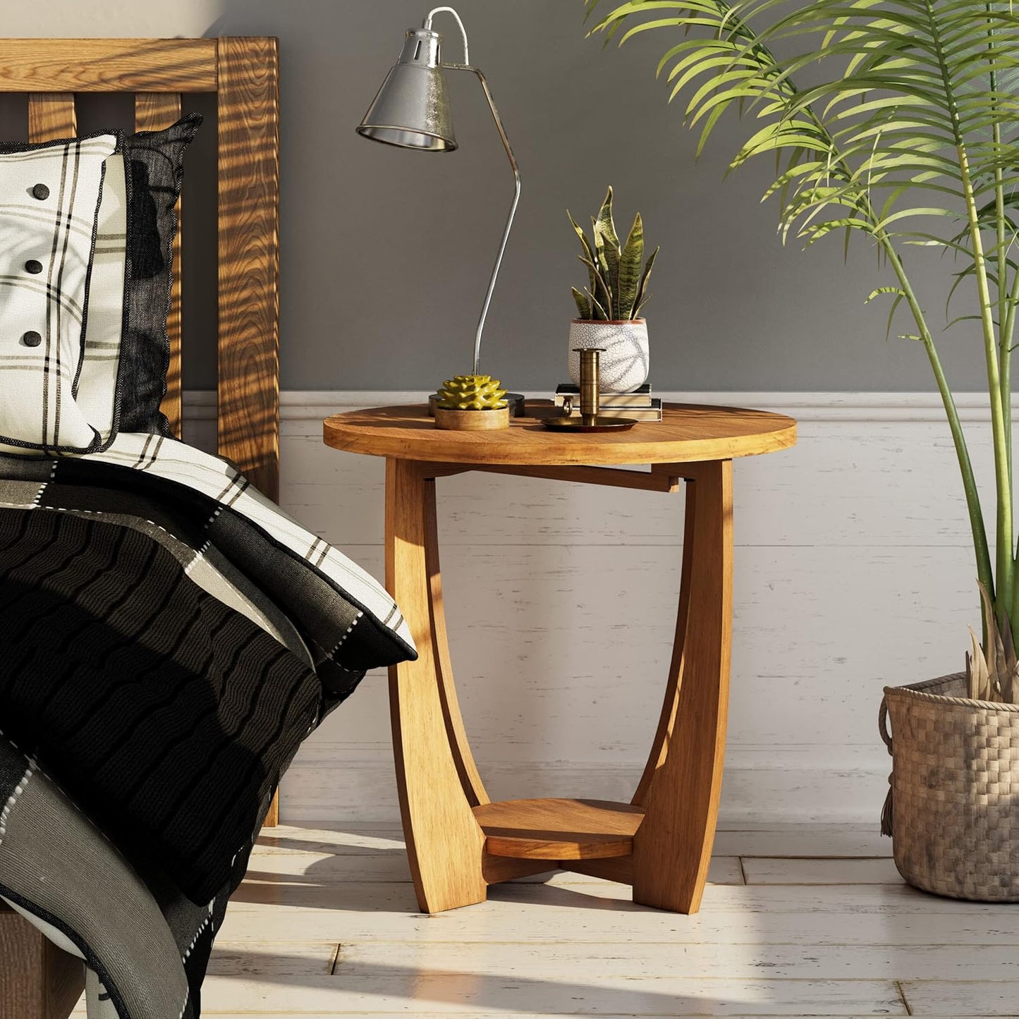 Rustic Farmhouse End Table with Storage Shelf, French Country Accent Side for Family, Dinning or Living Room, Small Spaces, Modern, Round, Vintage Caramel Brown Finish