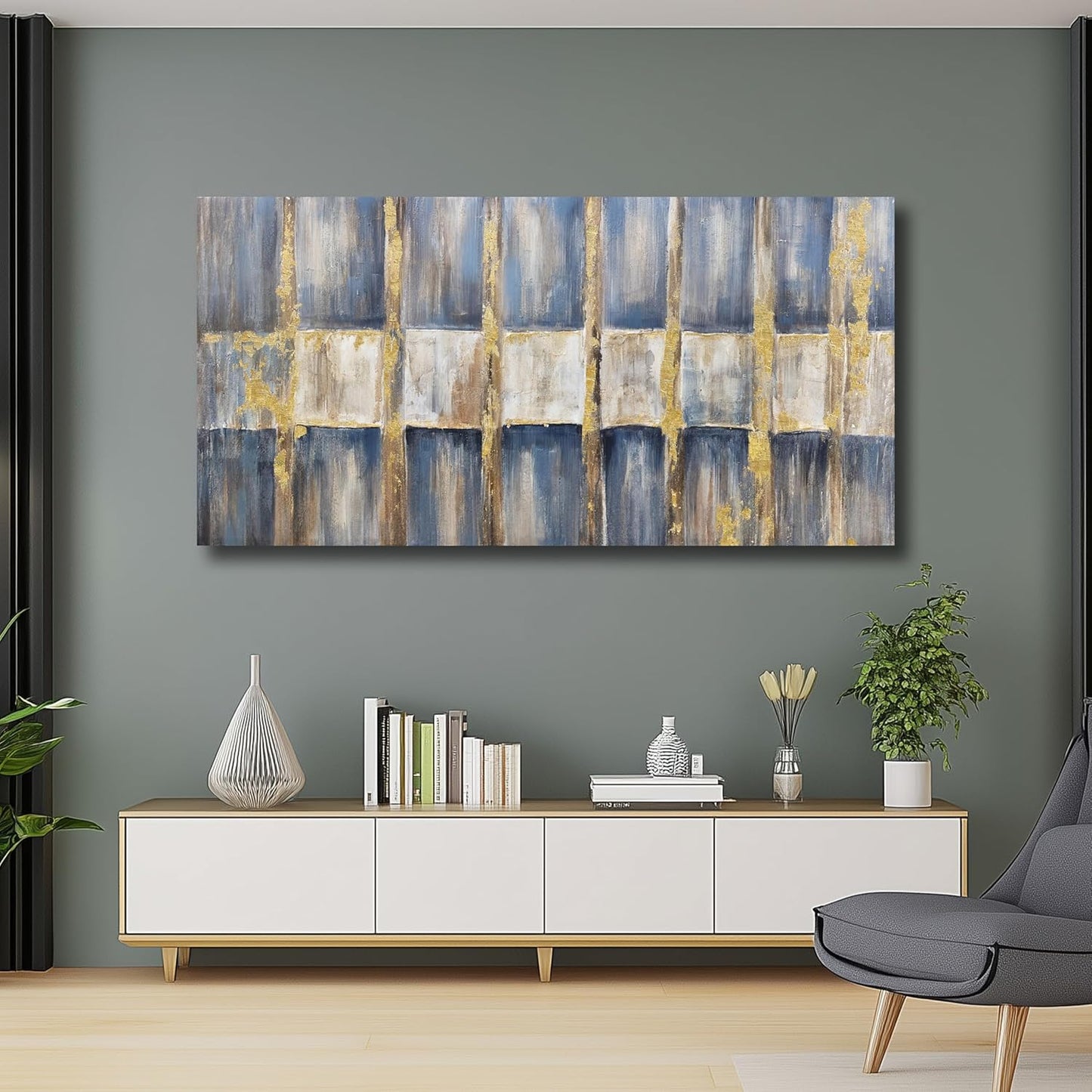 Belmrxne Abstract Wall Art Blue and Gold Wall Decor Dark Room Decor Aesthetic Canvas Painting Artwork for Living Room Bedroom Dining Room Office Home Decor 24x48inch