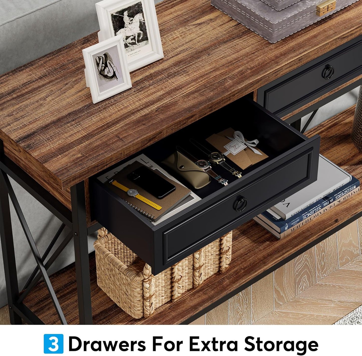Tribesigns 70.8" Console Table with 3 Drawers, Farmhouse Entryway Table with Storage Shelf, Narrow Long Sofa Foyer Table for Entryway, Hallway (Brown/Black)