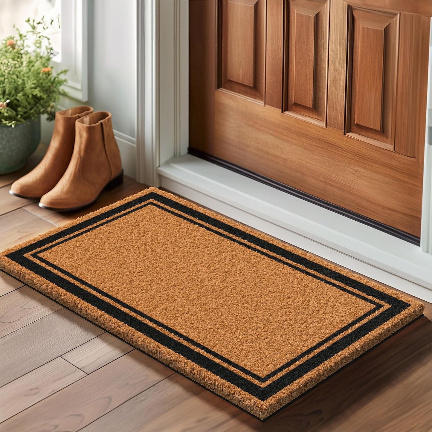 Barnyard Designs Natural Coco Coir Heavy Duty Backing Doormat - Large Cute Non-Slip Front Door Welcome Mat for Outside Entrance or Porch Entry, Brown (17x30, Border)