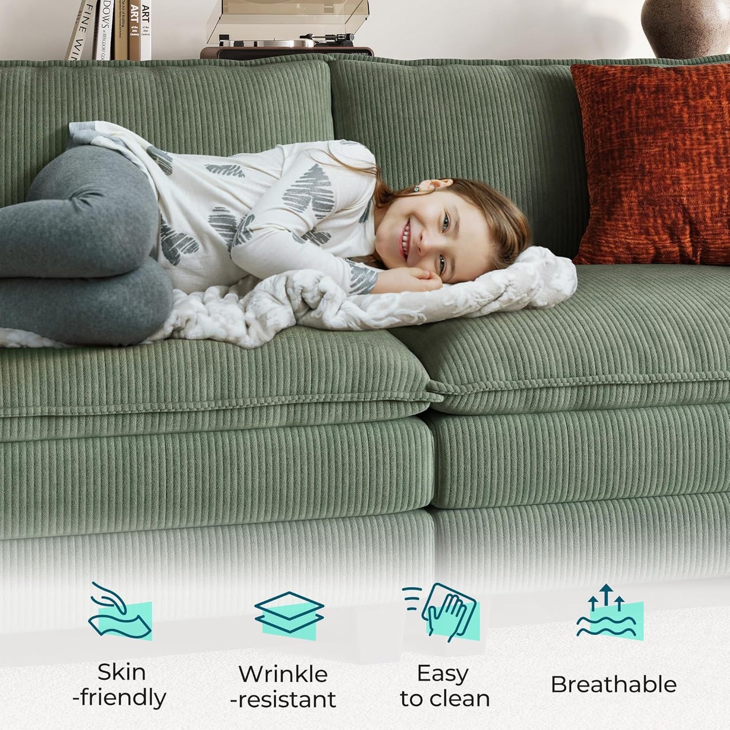 LINSY HOME Sectional Sleeper Sofa - 123'' Modular Cloud Couch Oversized Corduroy Sofa Bed with Movable Ottoman Soft Modern Comfy Couch for Living Room Apartment Office, Green