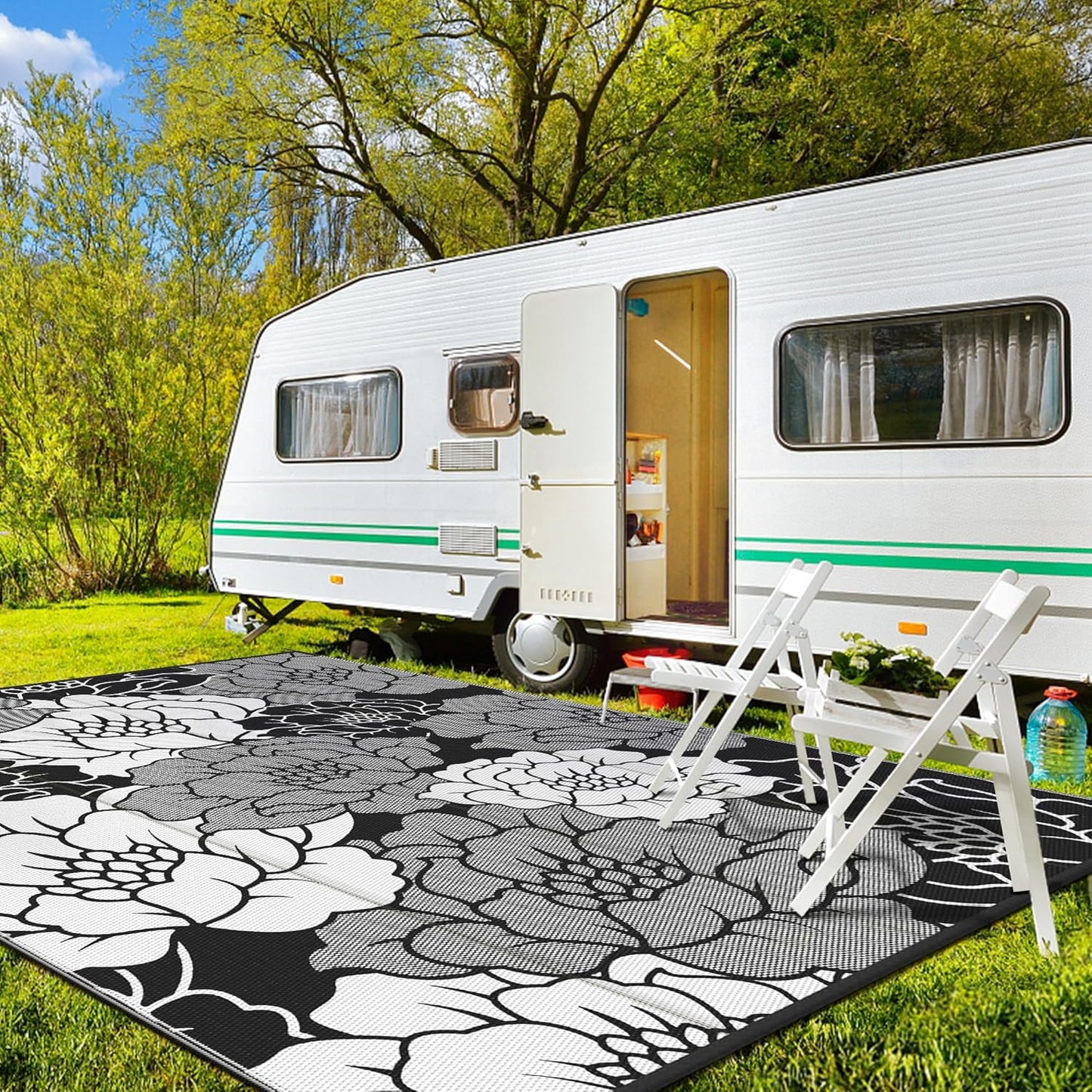 GENIMO Outdoor Rug Waterproof for Patio Decor, 9' x 12' Reversible Plastic Straw Floral Camping Carpet, Large Area Rugs Mats for RV, Camper, Deck, Balcony, Porch, Beach, Picnic, Mix-Black & White