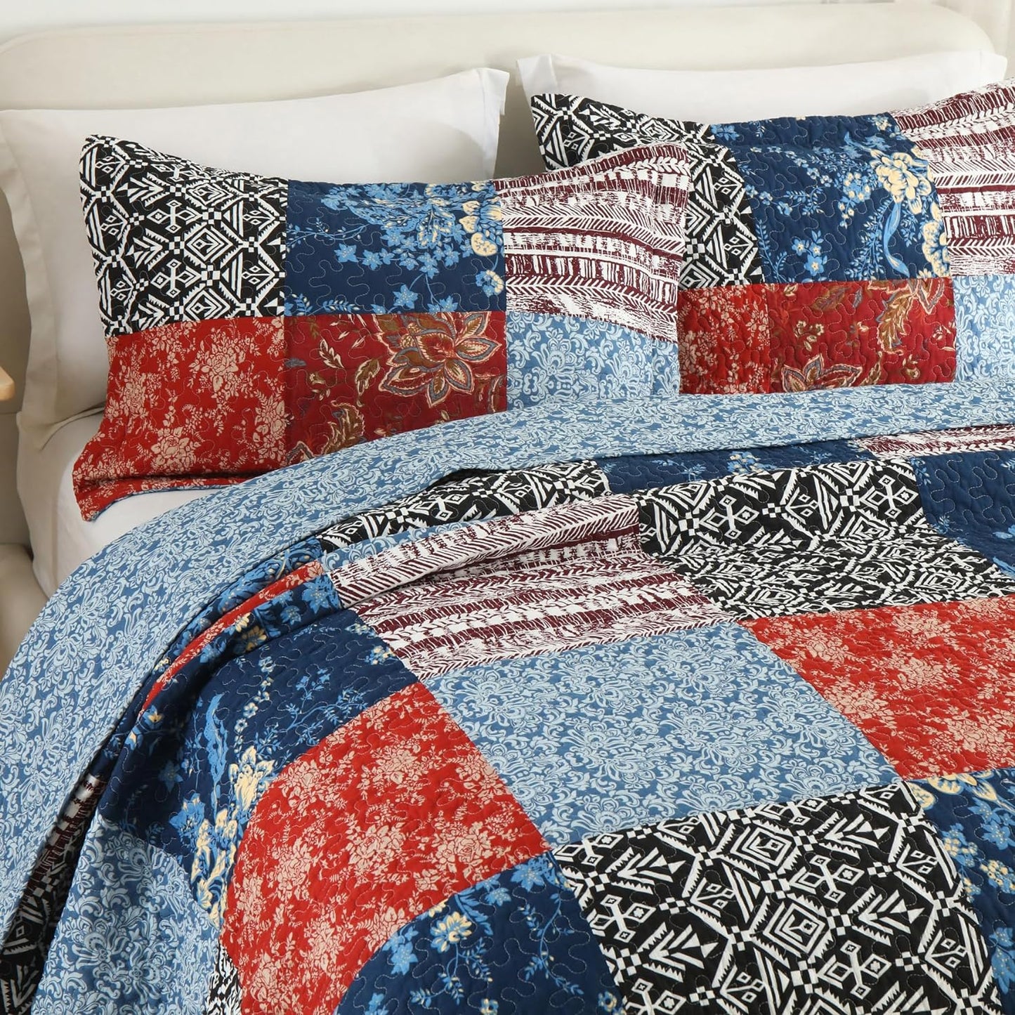 Secgo Twin Comforter Set for Bed - 100% Cotton Quilts Twin Size, Black Bedspreads (68 * 86 Inch) with 2 Pillow Shams, Patchwork Reversible Lightweight Bedding