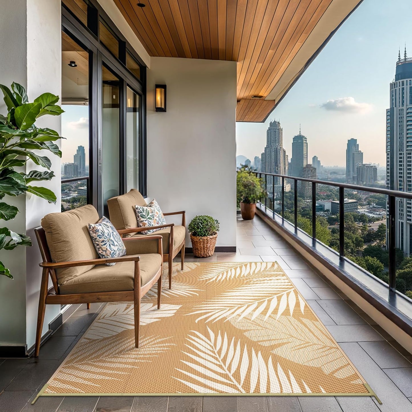 GENIMO Outdoor Rug 5' x 8' Waterproof for Patios Clearance, Reversible, Plastic Straw Camping Rug Carpet, Large Area Rugs Mats for RV, Picnic, Backyard, Deck, Balcony, Porch, Beach, Brown&Beige