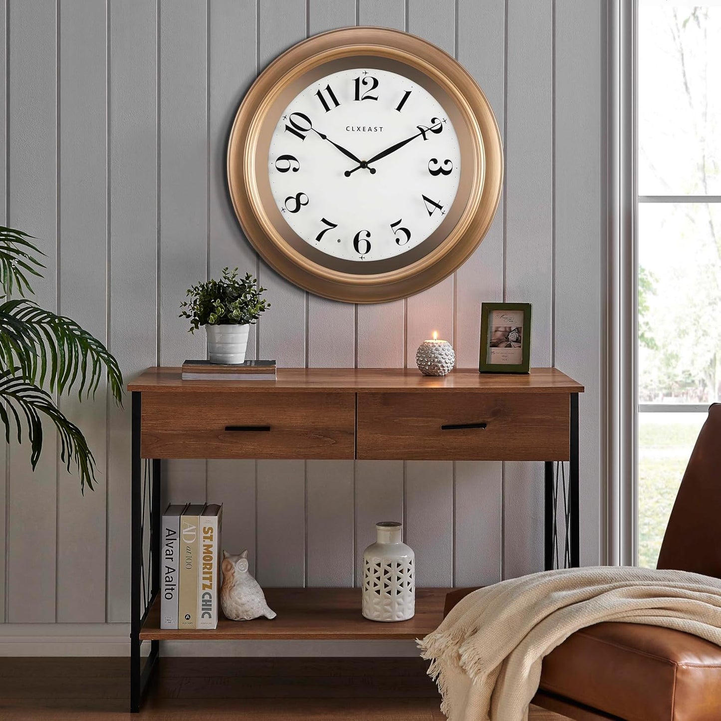 CLXEAST 18 Inch Glow in The Dark Wall Clocks for Living Room Decor, Large Illuminated Gold Wall Clock,Antique Brushed Gold,House Warming Gifts New Home