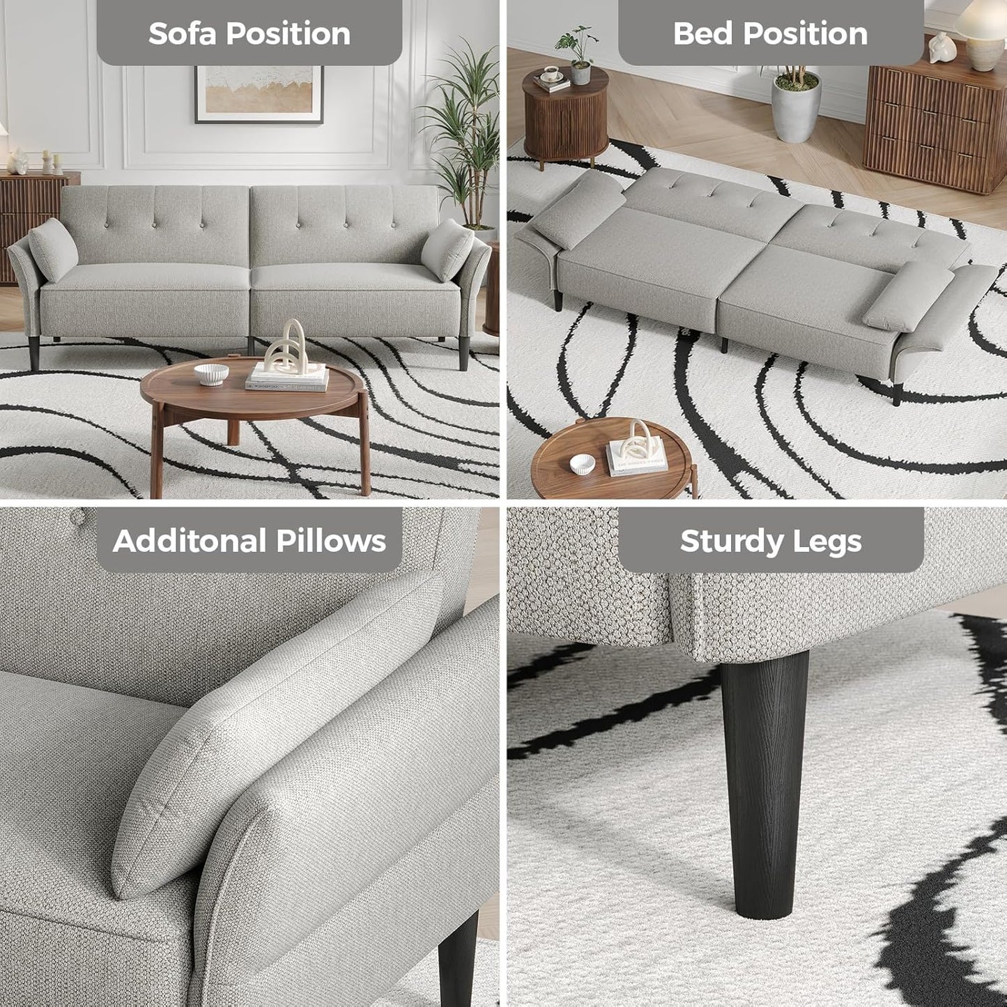 89” Futon Sofa Bed, Linen Comfy Futon Couch Bed with 2 Square Pillows, Convertible Sleeper Sofa with Adjustable Backrest& Armrests, Modern Loveseat Sleeper for Living Room, Bedroom, Light Gray