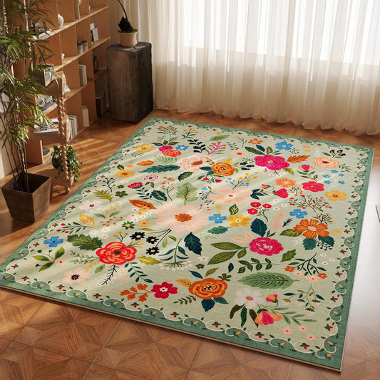 Area Rug 4x6 Rug Washable Boho Rugs Non Slip Low Pile Floral Small Carpet for Bedroom, Bedside, Kids Room, Office, Dining Room(Green)
