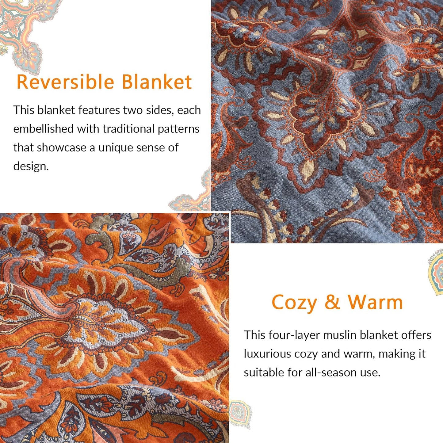 Boho Throw Blanket for Couch Sofa Bed, 100% Cotton Woven Quilt with Tassel 80”x90”, Super Soft Muslin Blanket with Oriental Universe Printed, Decorative Reversible Bed Blanket/Cover for All Seasons