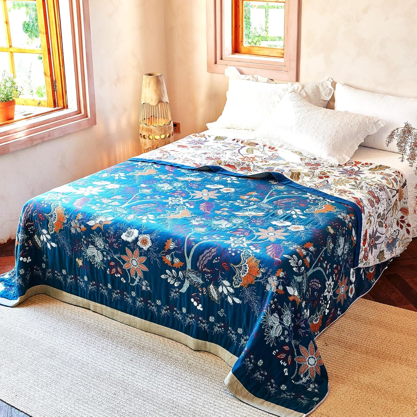 Boho Throw Blanket, 100% Organic Cotton Breathable Ultra Soft Bed Quilt Throw - All Season Floral Bird Butterfly Farmhouse Decor Blanket for Sofa Couch Chair and Gift. 60" x 80"