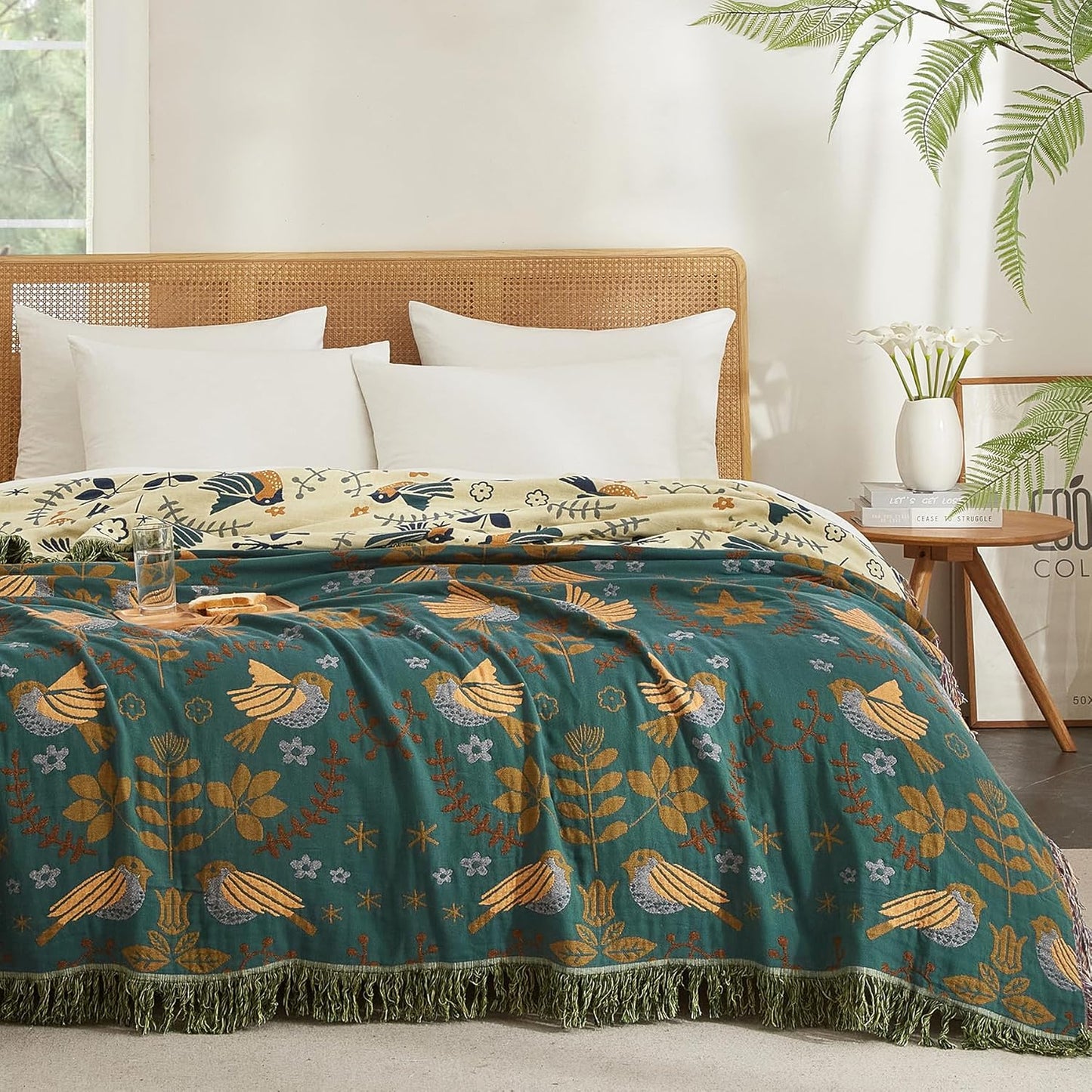 Boho Throw Blanket for Couch Sofa Bed, 100% Cotton Woven Quilt with Tassel 60”x80”, Super Soft Muslin Blanket with Bird Printed, Decorative Reversible Bed Blanket/Cover for All Seasons
