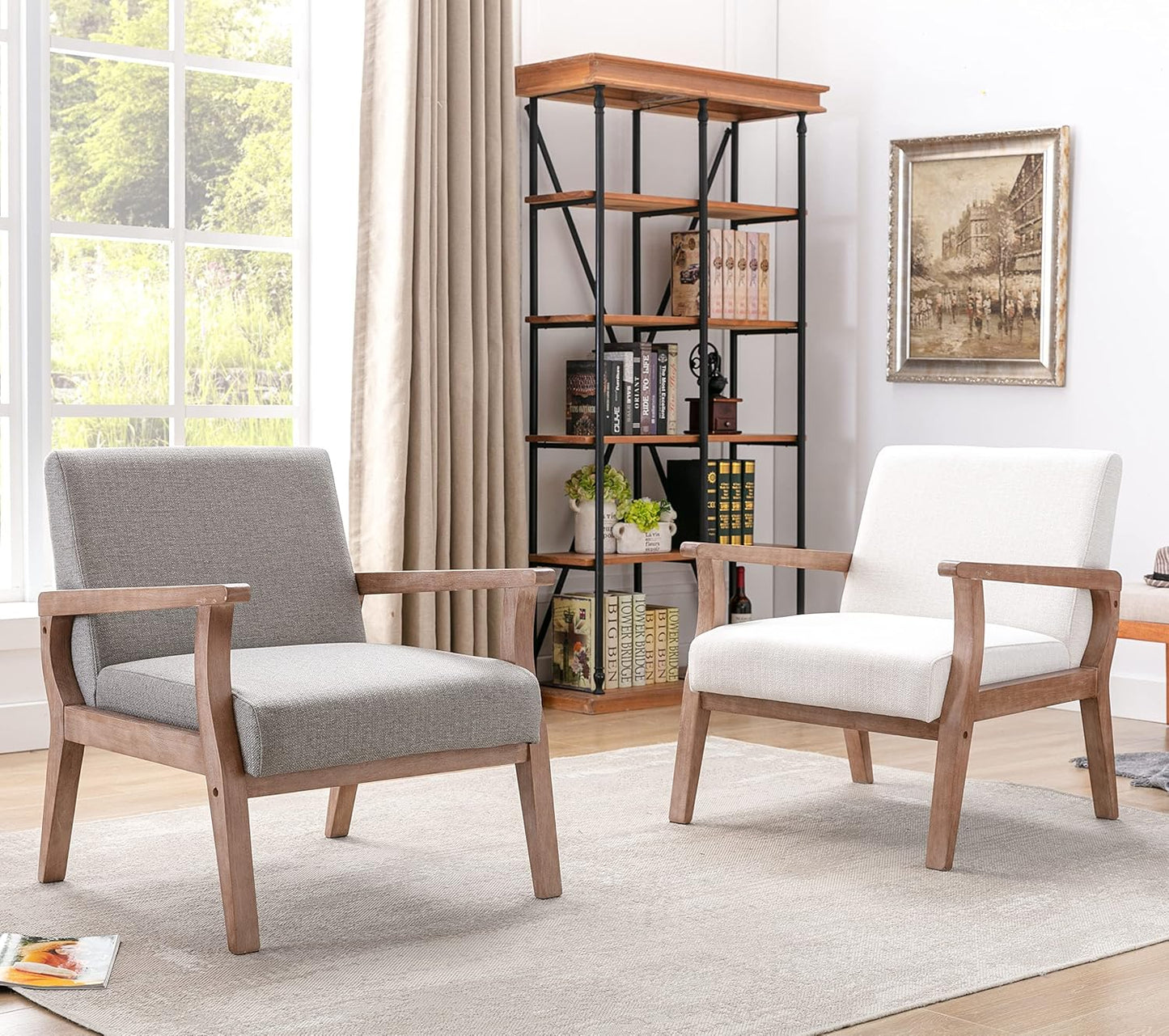 HNY Mid Century Modern Accent Chairs Set of 2 with Wood Frames, Linen Upholstered Living Room Arm Chairs for Living Room, Bedroom, Grey