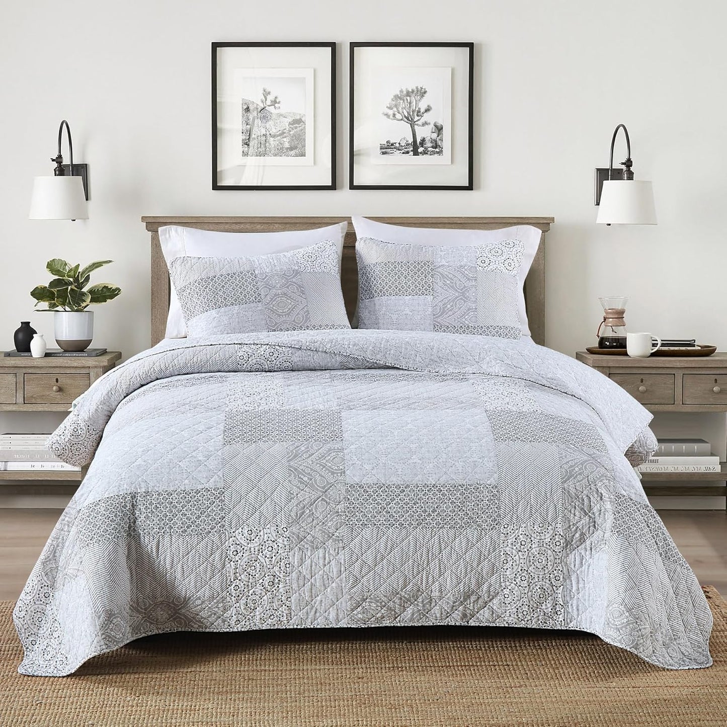 Secgo Queen Comforter Set for Bed - 100% Cotton Quilts Queen Size, Black Bedspreads (90 * 98 Inch) with 2 Pillow Shams, Patchwork Reversible Lightweight Bedding