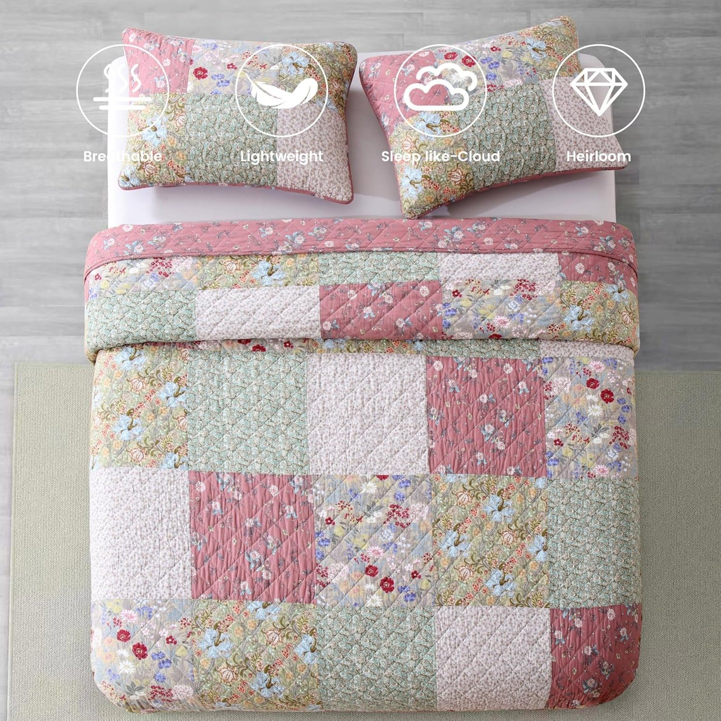 Secgo King Size Comforter Set- 100% Cotton Quilt King Size Set, Green, Sage bedspreads (96 * 108 Inch) with 2 Pillow Shams, Patchwork Reversible Lightweight Bedding