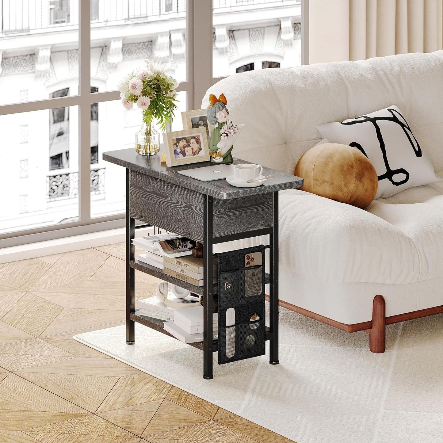 End Table with Charging Station, Flip Top Nightstand with USB Ports and Outlets,Couch Side Table with Fabric Bag and Hooks, Bedside Table for Space Saving, Living Room, Bedroom (Grey)