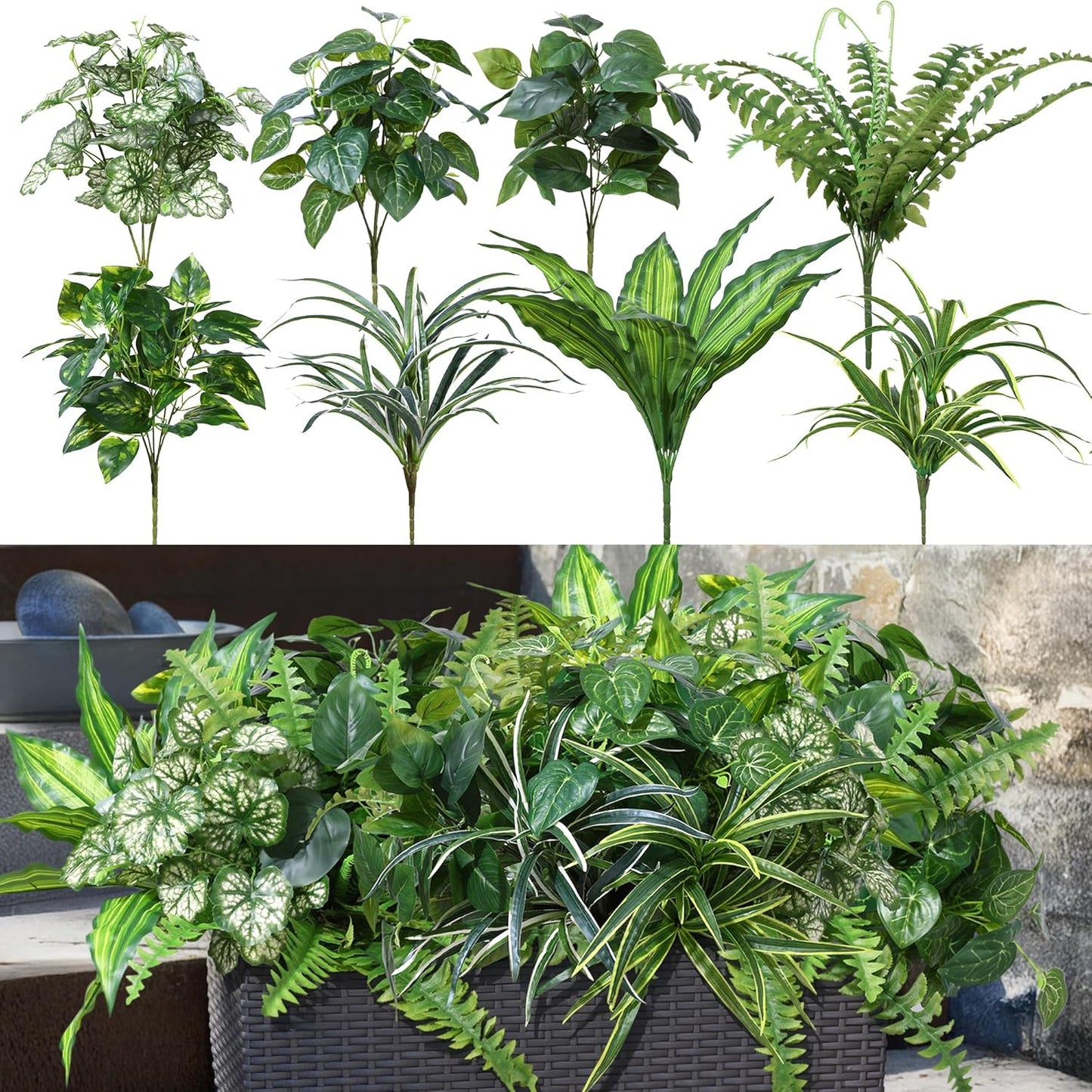 Artificial Greenery Plants Fake Plastic Leaves with Stems UV Resistant Large Bunches Outside Faux Plants Bushes for Outdoor Patio Garden Front Porch Yard Decor (Green)
