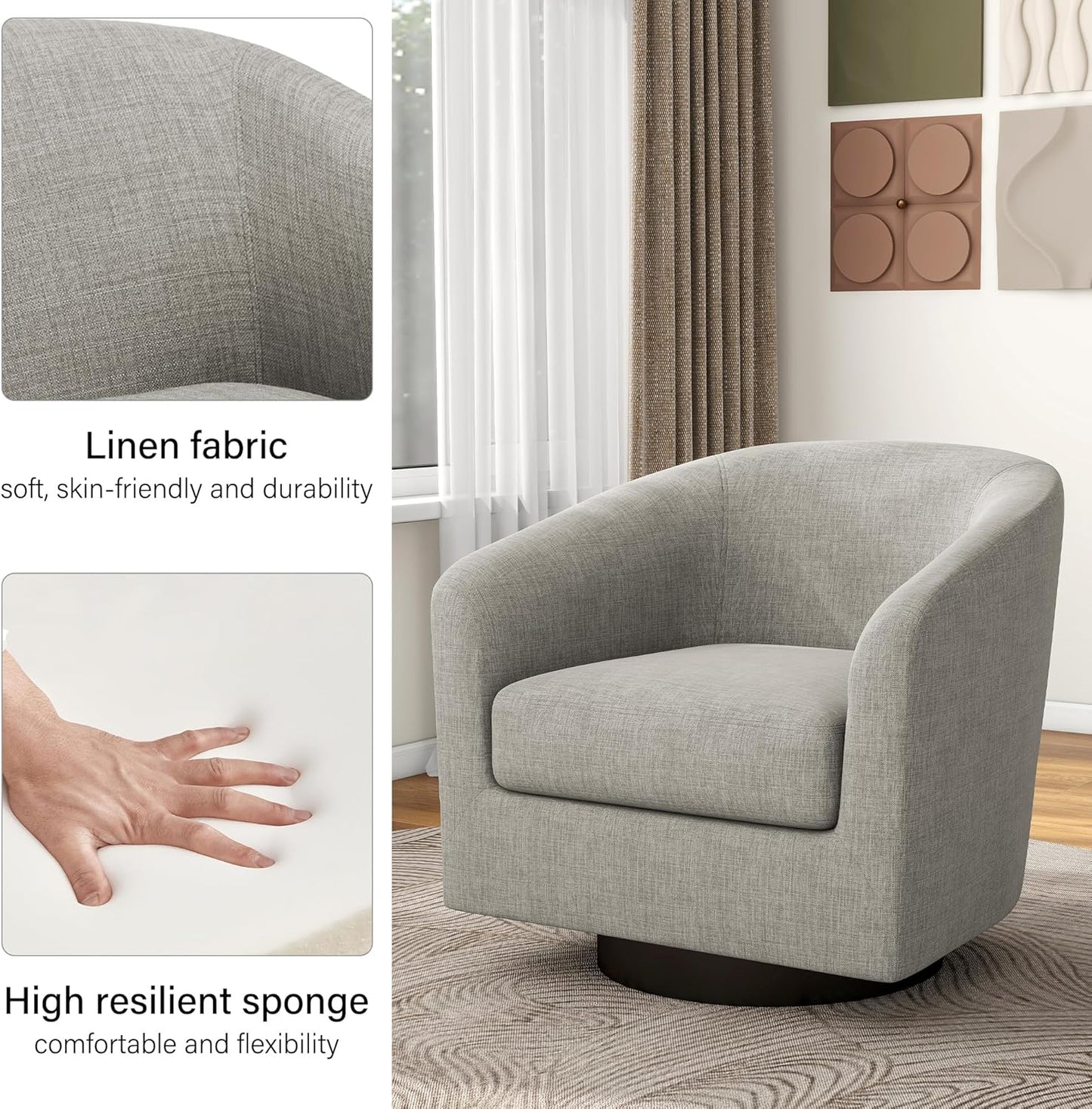 Swivel Barrel Accent Chair, Modern Round Linen Arm Chair for Living Room, Bedroom, Comfy Club Reading Chairs for Adults（Linen Fabric, Khaki, Set of 1